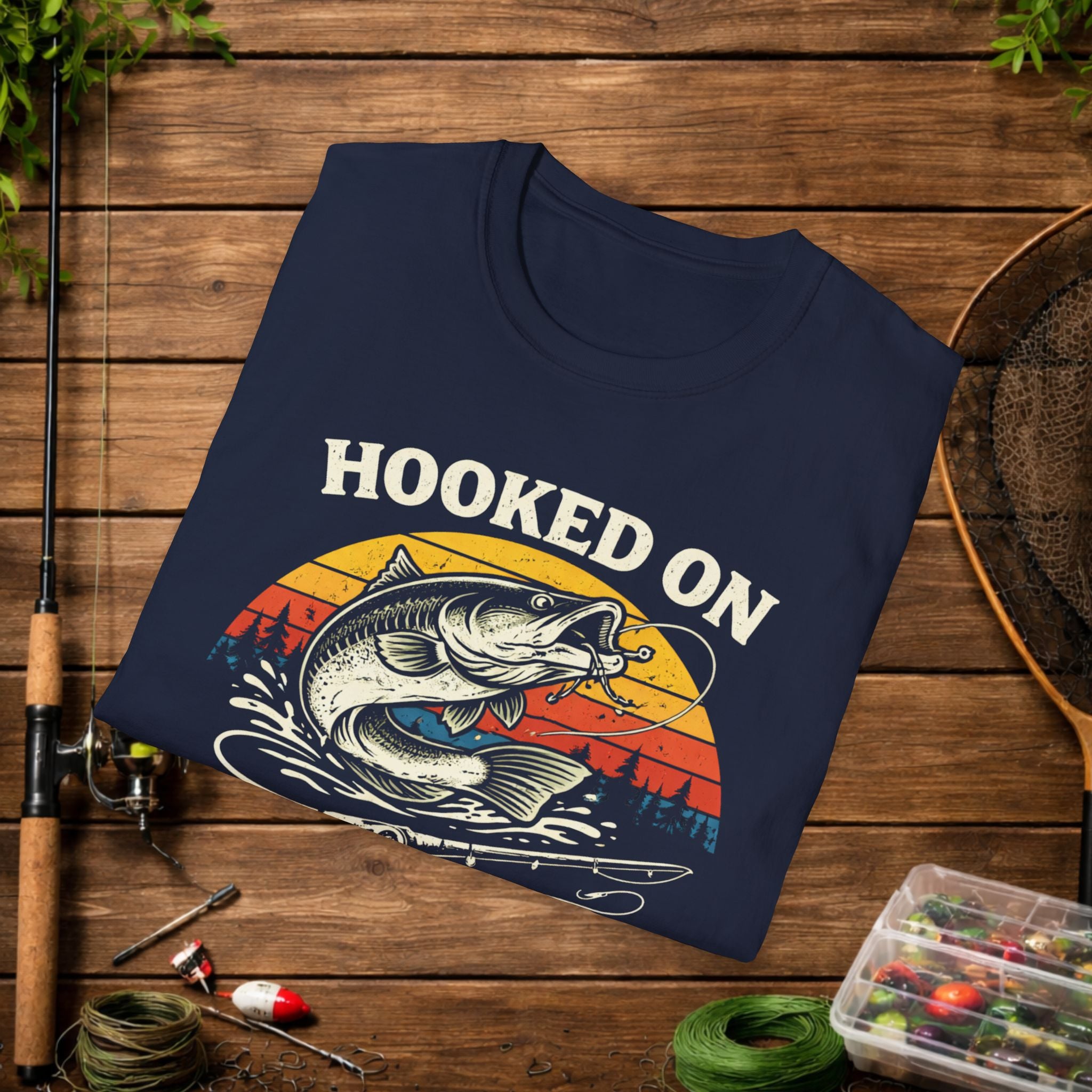 Hooked on Catfishing Shirt – Catfish Fishing T-Shirt – Retro Sunset Fisherman Tee – Funny Catfish Angler Gift