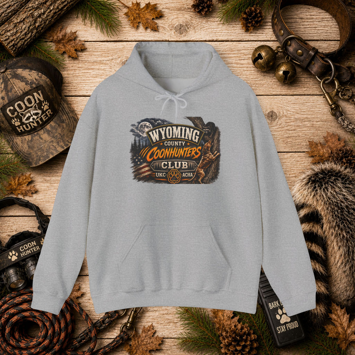 Wyoming Coonhunters Club Hoodie – Vintage Coon Hunting Graphic Dual print Banner front/Badge Back