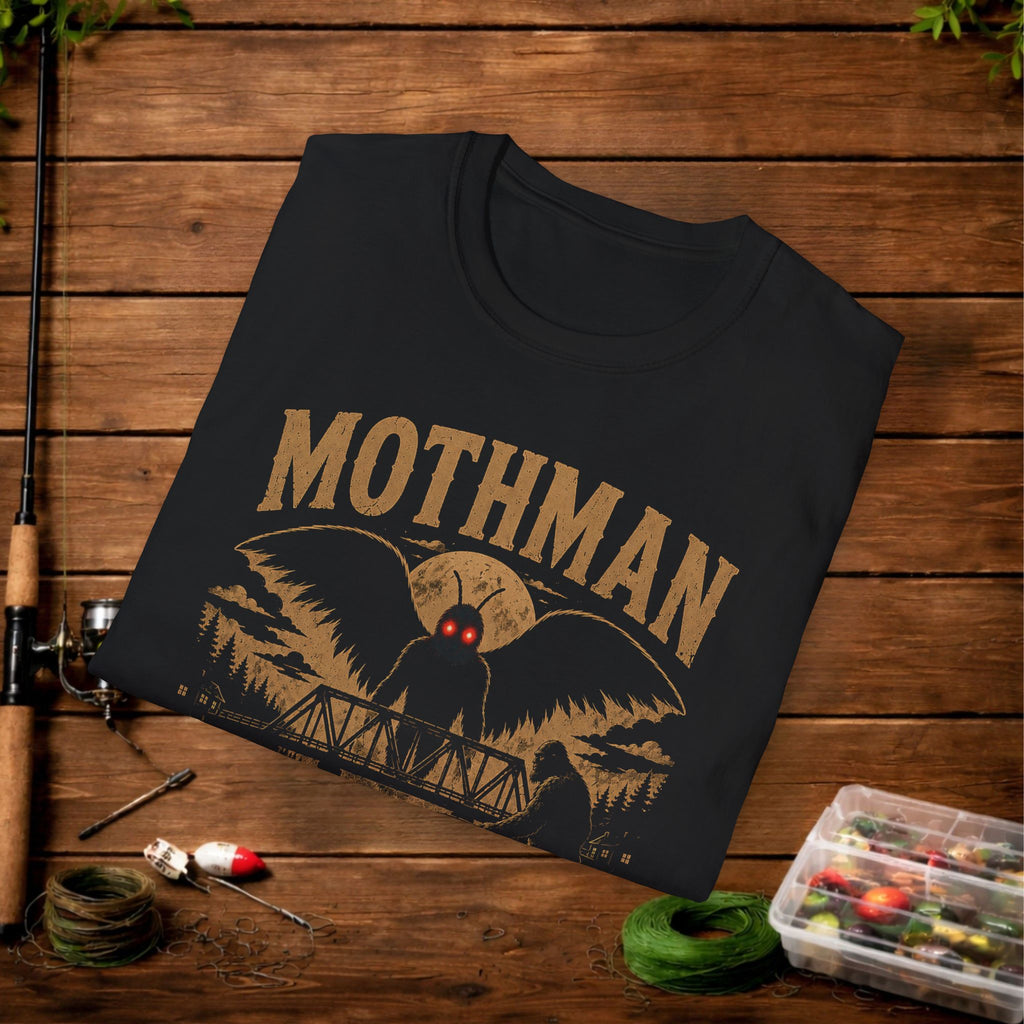 Mothman Bigfoot Fishing Graphic T-Shirt — Retro Cryptid Design (Mothman)