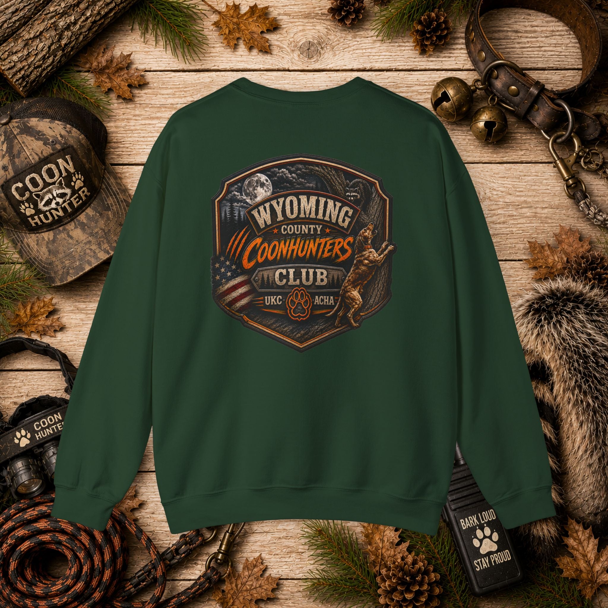 Wyoming County Coonhunters Club Sweatshirt Daul print Banner front/Badge back