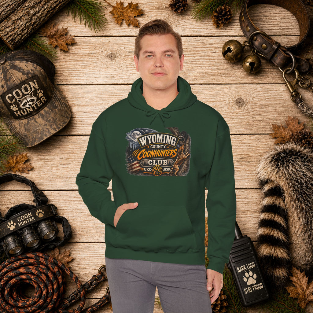 Wyoming Coonhunters Club Hoodie – Vintage Coon Hunting Graphic Dual print Banner front/Badge Back
