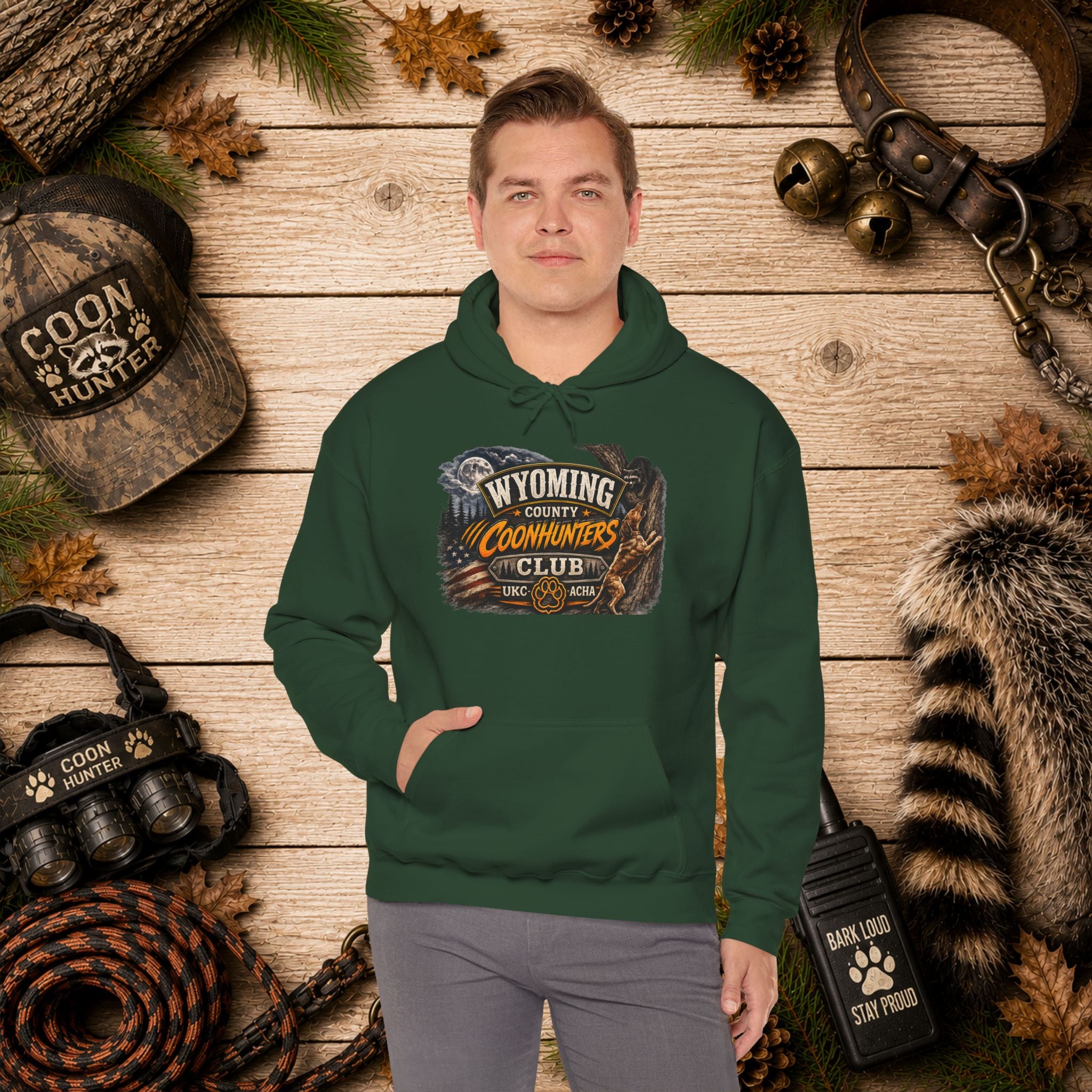 Wyoming Coonhunters Club Hoodie – Vintage Coon Hunting Graphic Dual print Banner front/Badge Back