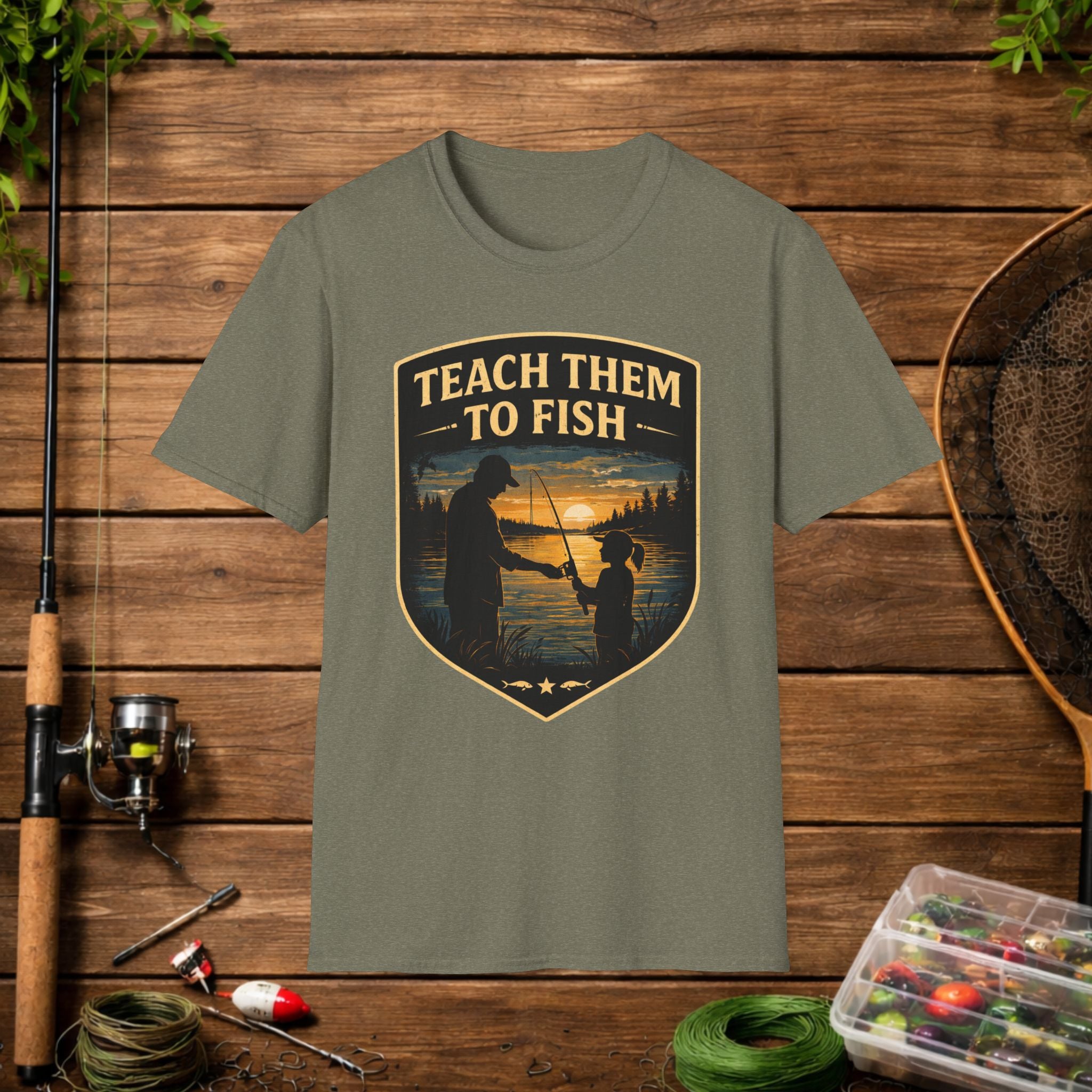 Teach Them to Fish T-Shirt — Father & Child Fishing Badge Tee