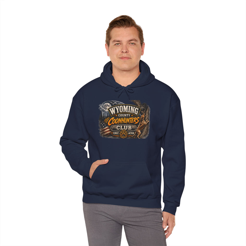Wyoming Coonhunters Club Hoodie – Vintage Coon Hunting Graphic Dual print Banner front/Badge Back