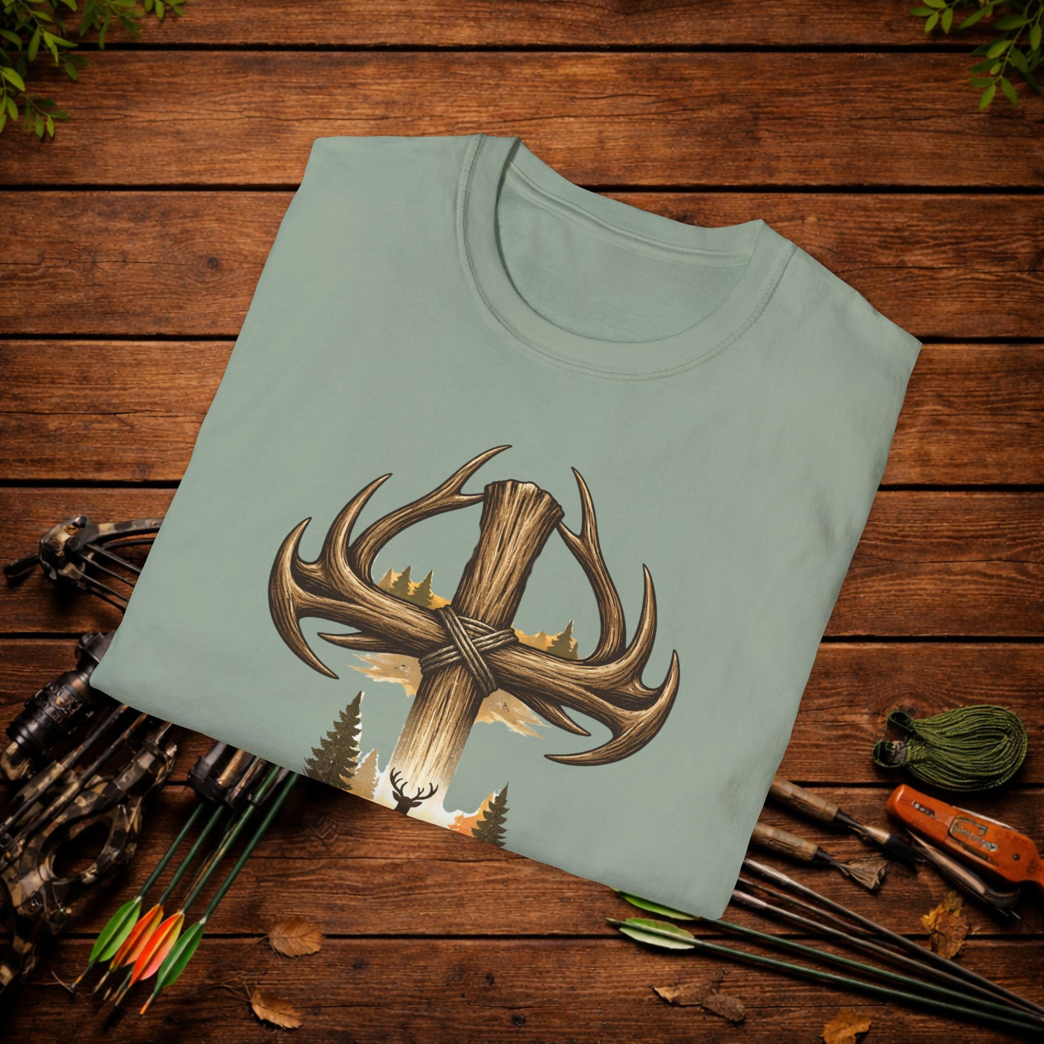 Christian Deer Hunting Shirt – Cross with Antlers Whitetail Tee – Faith Hunting Apparel – Rustic Outdoor Shirt