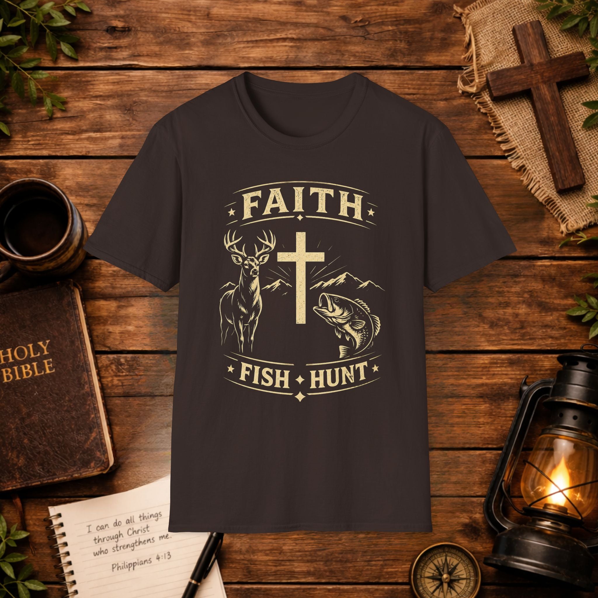 Faith Cross Deer & Fish T-Shirt — Christian Hunting & Fishing Graphic Tee