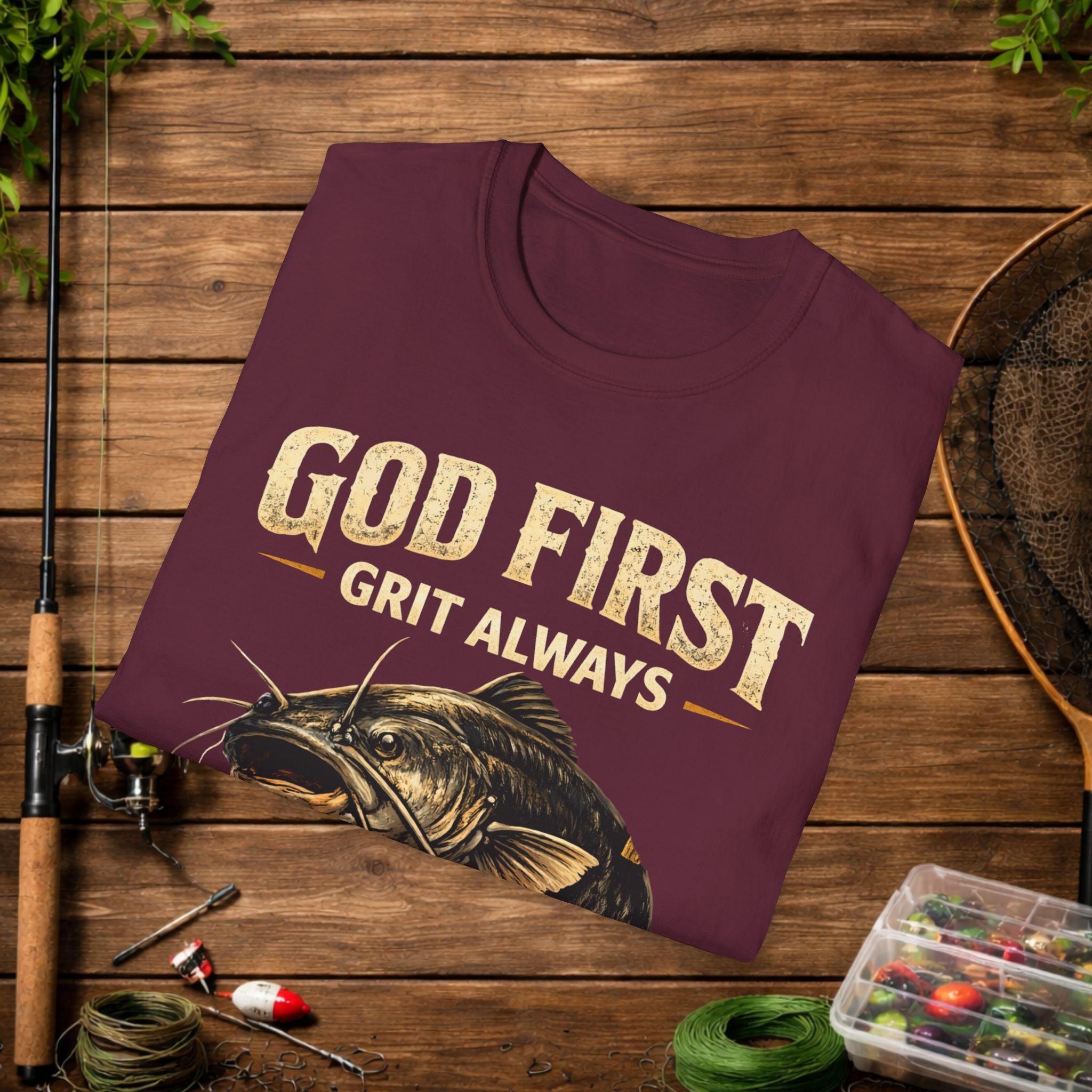 God First Grit Always Shirt – Catfish Fishing Tee – Faith Based Outdoor Shirt – Christian River Life Apparel