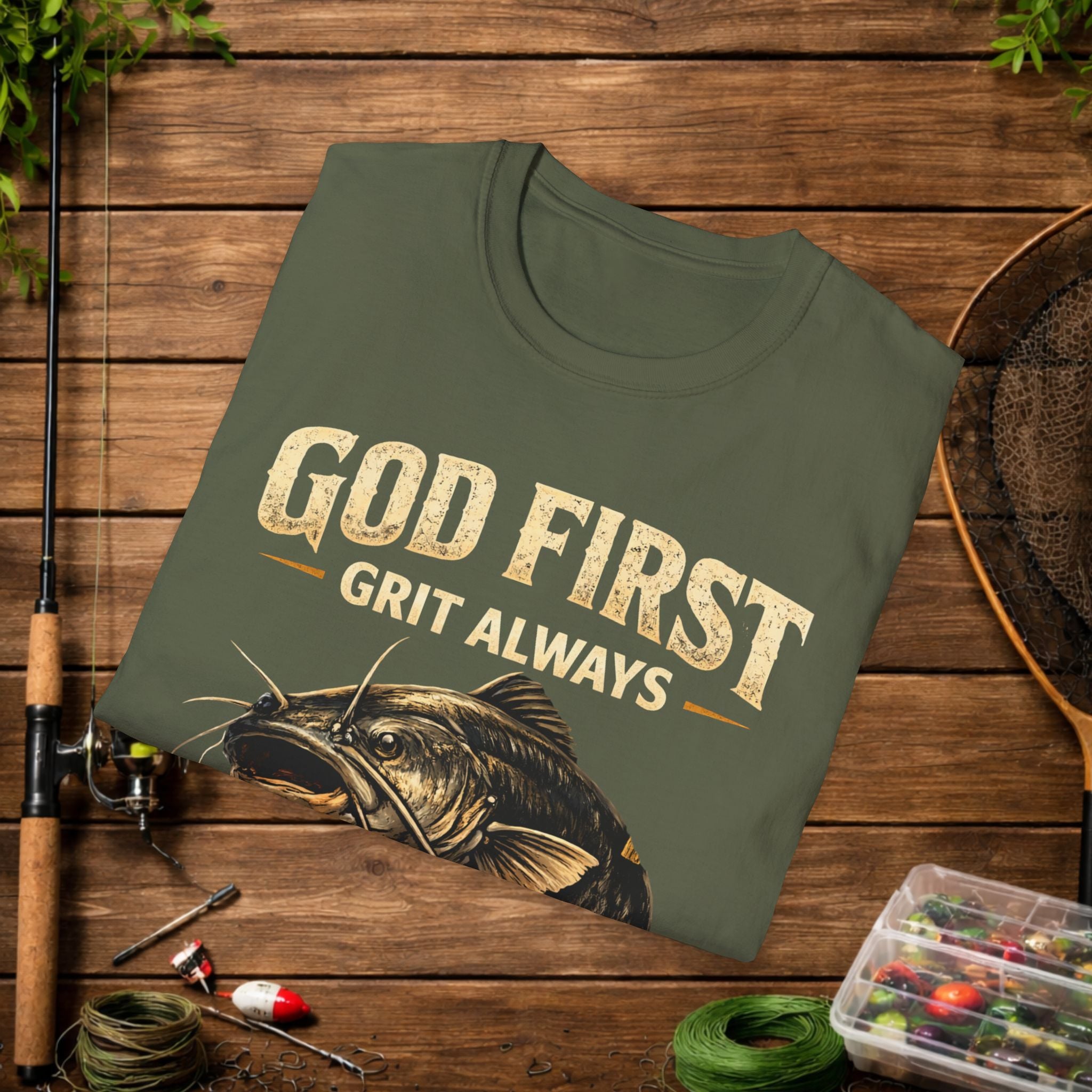 God First Grit Always Shirt – Catfish Fishing Tee – Faith Based Outdoor Shirt – Christian River Life Apparel