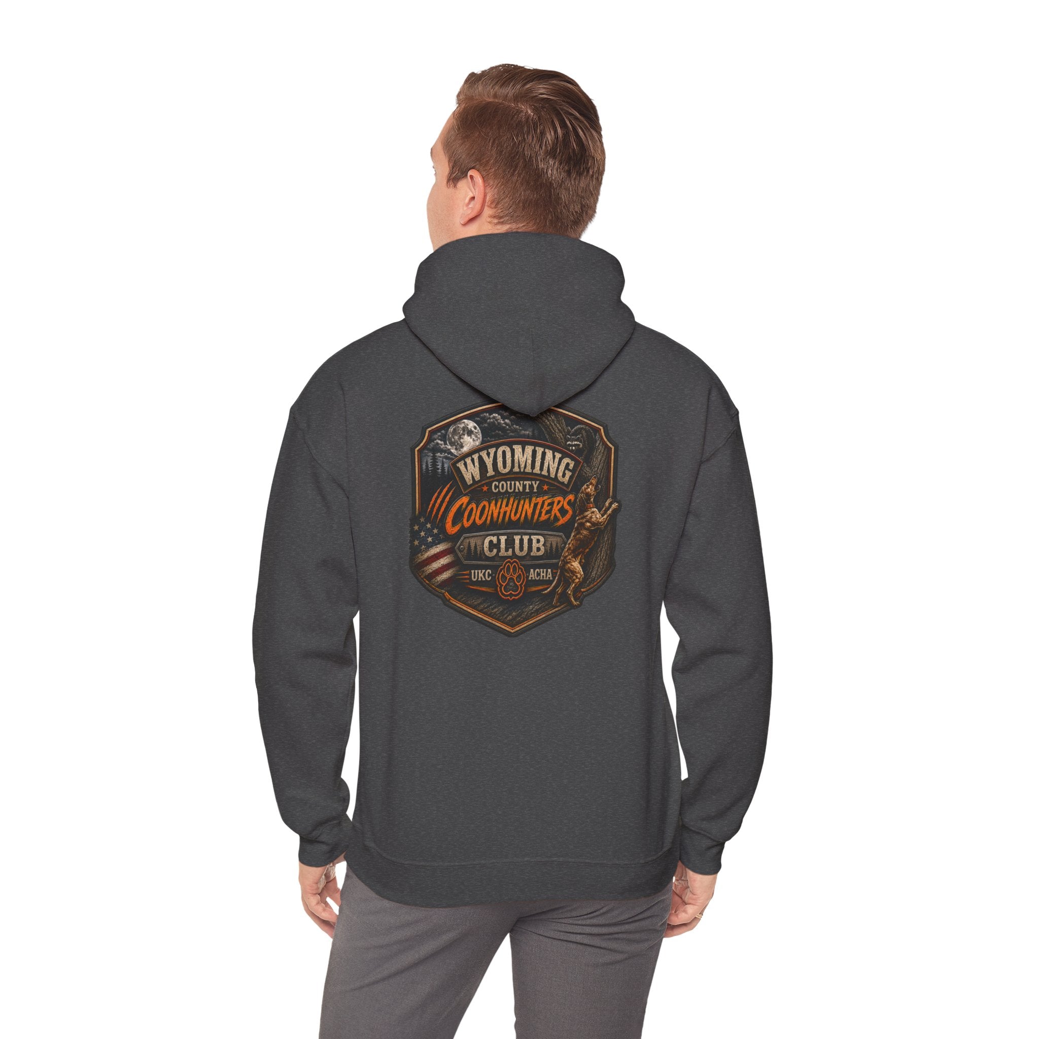 Wyoming Coonhunters Club Hoodie – Vintage Coon Hunting Graphic Dual print Banner front/Badge Back