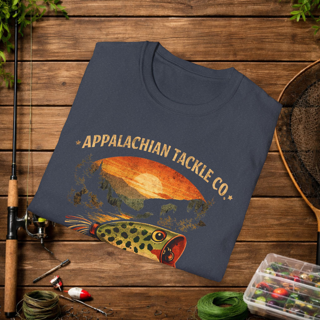 Appalachian Tackle Co Hula Popper Shirt – Vintage Fishing Lure Tee – Topwater Bass Fishing Shirt – Mountain Stream Apparel