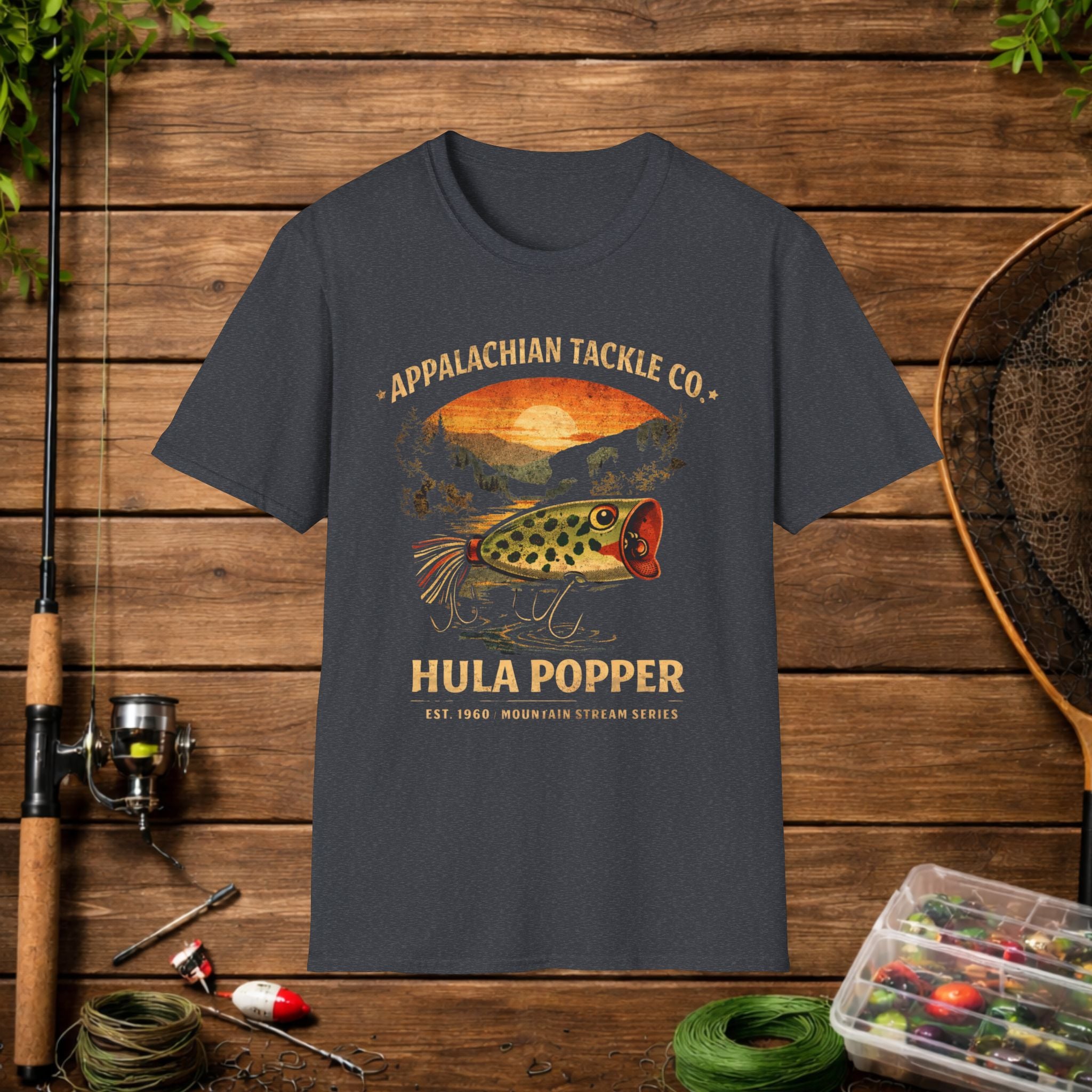 Appalachian Tackle Co Hula Popper Shirt – Vintage Fishing Lure Tee – Topwater Bass Fishing Shirt – Mountain Stream Apparel