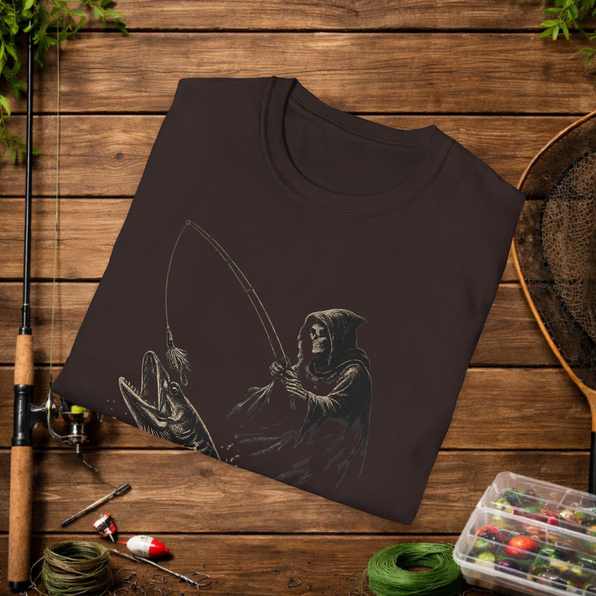 Musky Fishing T-Shirt – Grim Reaper Fishing Design “50” – Muskie Angler Shirt – Dark Fishing Tee – Gift for Fishermen