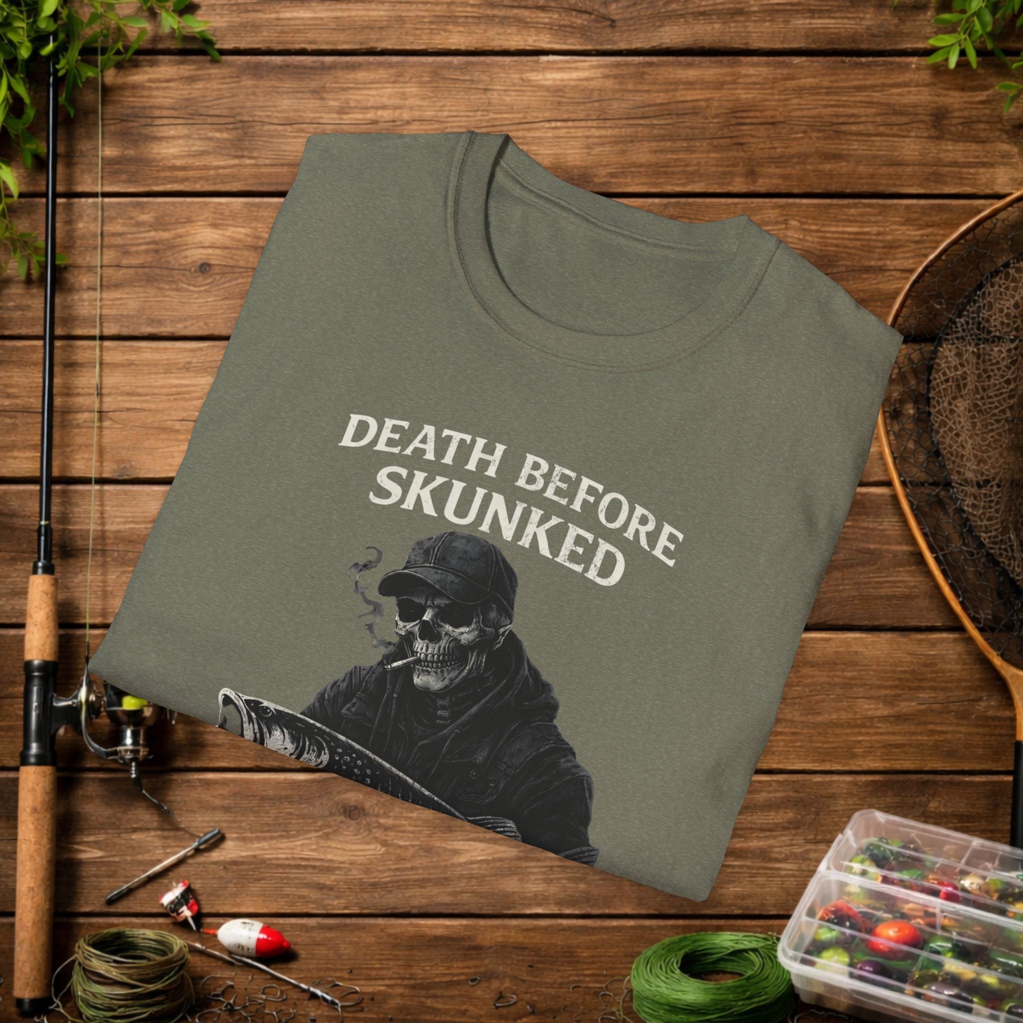 Musky Fishing Shirt – Death Before Skunked – Grim Reaper Angler Tee – Muskie Fisherman Gift – Dark Fishing T-Shirt