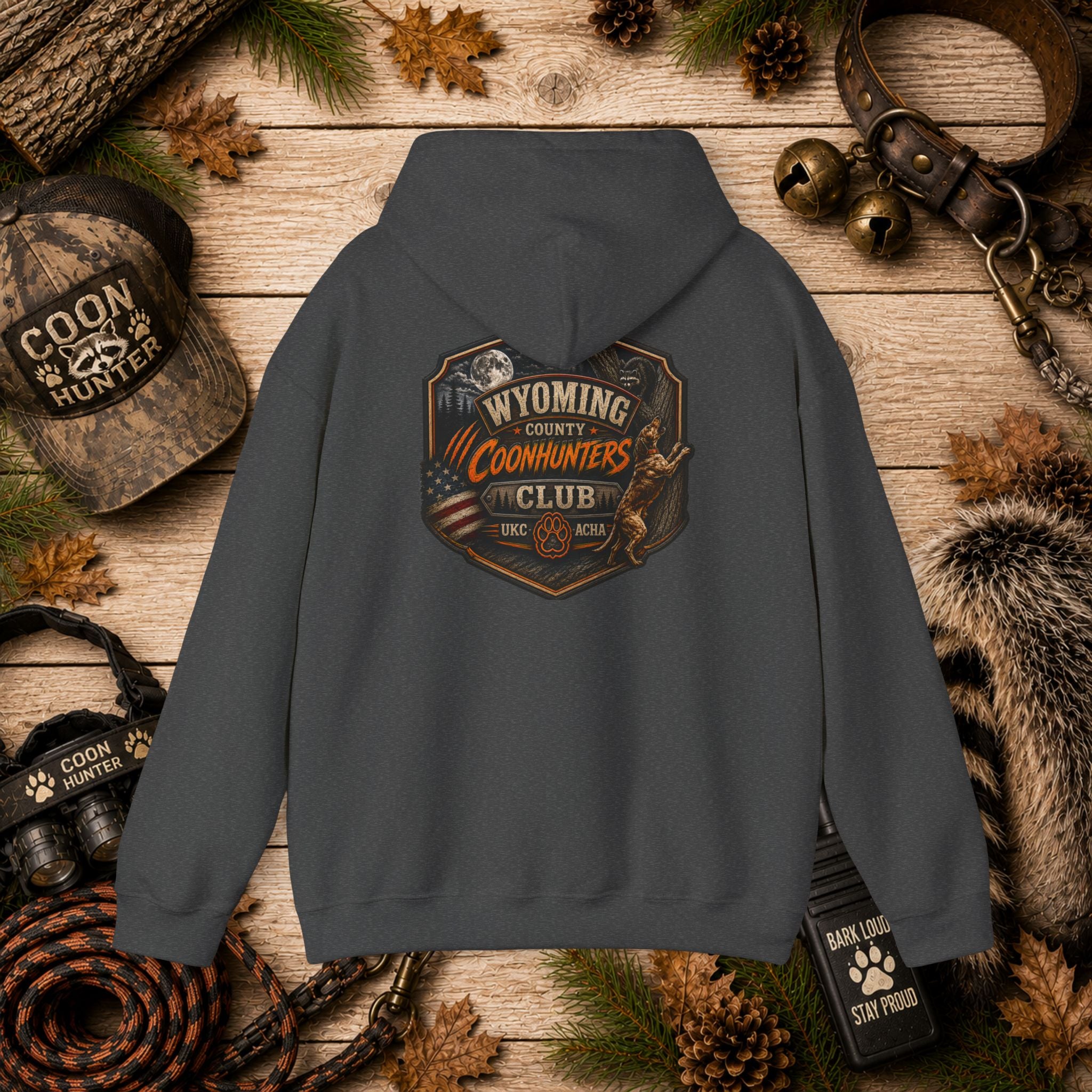 Wyoming County Coonhunters Club Hoodie – Rustic Hunting Badge Sweatshirt