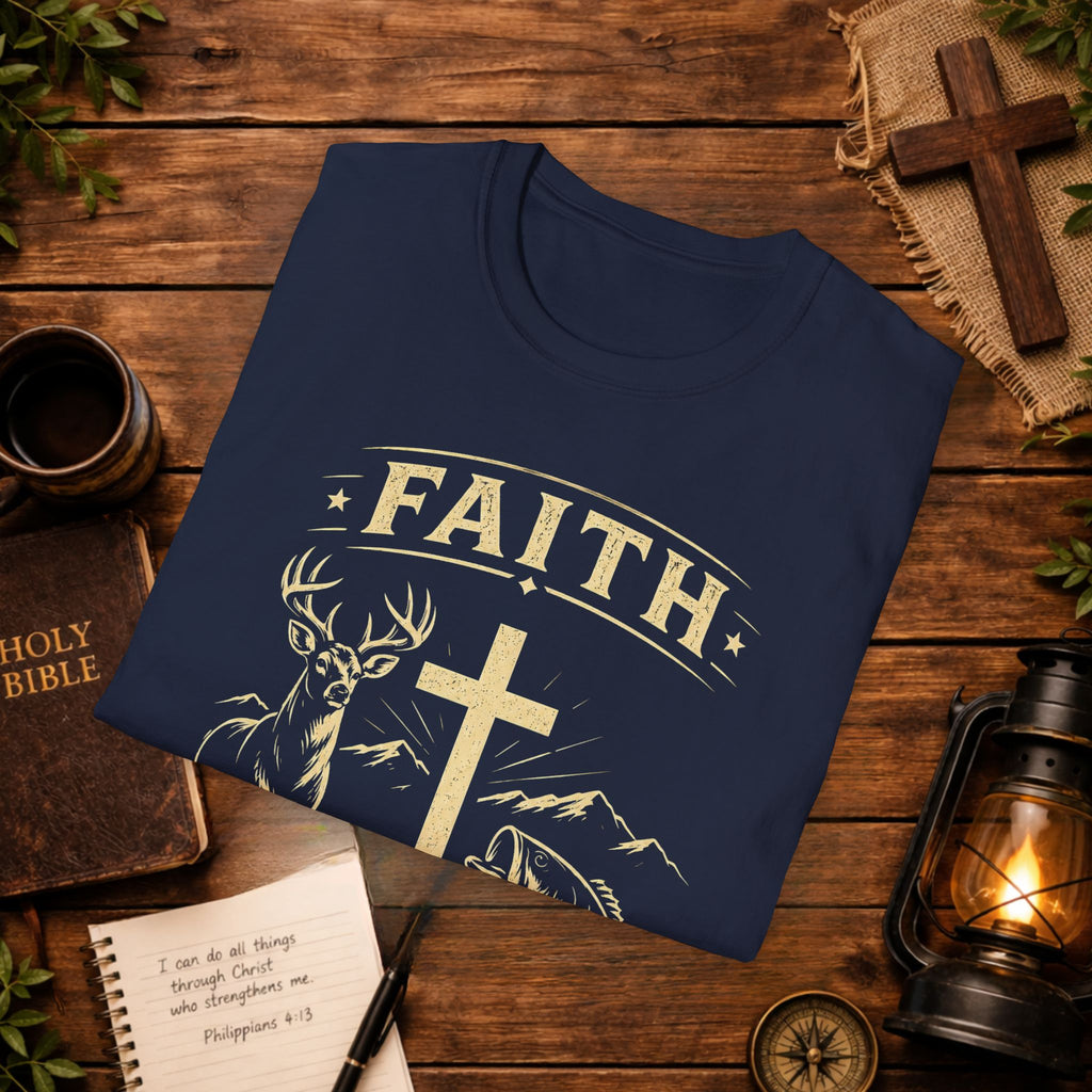 Faith Cross Deer & Fish T-Shirt — Christian Hunting & Fishing Graphic Tee