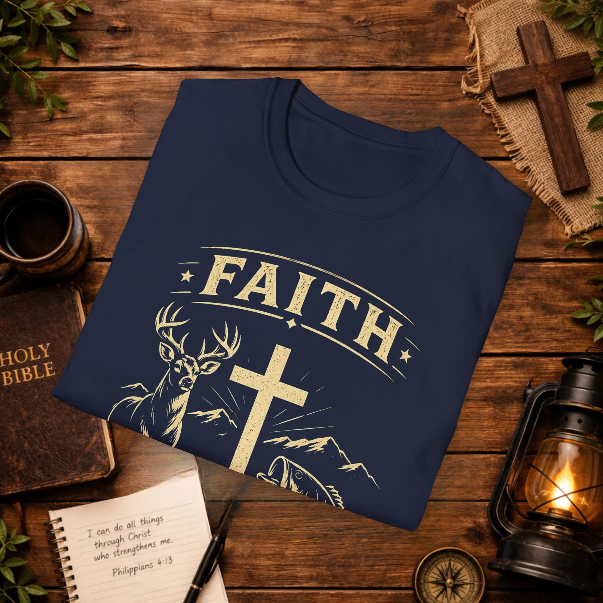 Faith Cross Deer & Fish T-Shirt — Christian Hunting & Fishing Graphic Tee