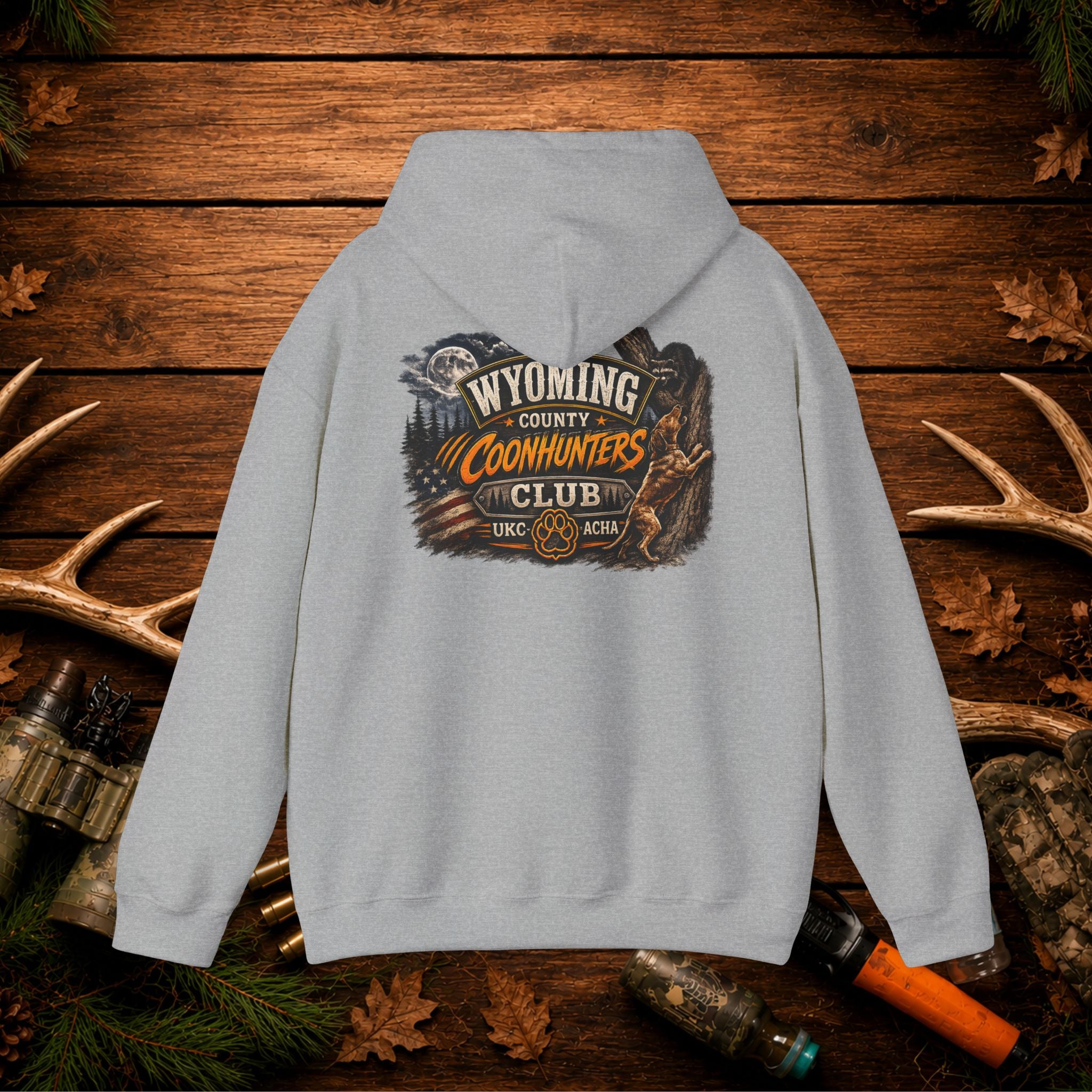 Coonhunters Club Hoodie — Wyoming County Retro Hunting Graphic