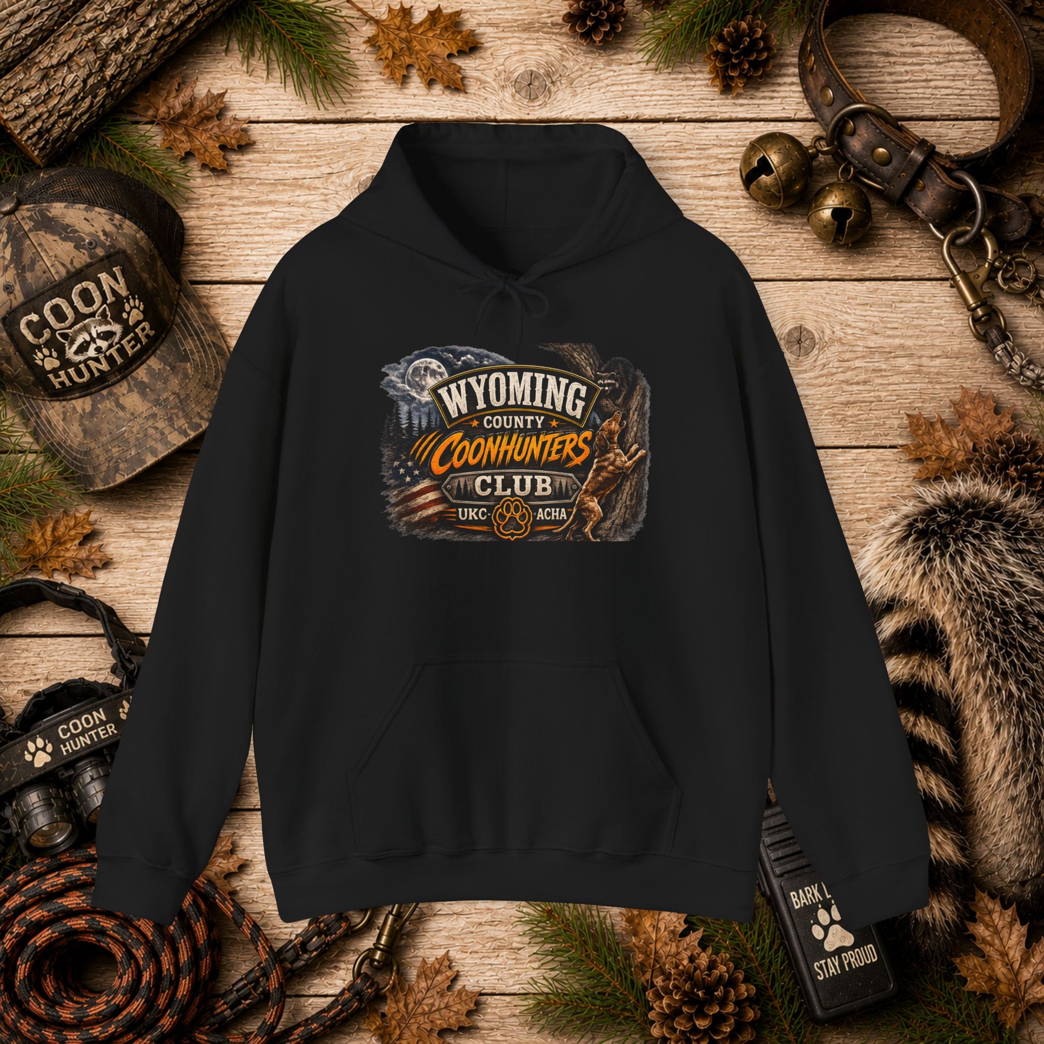 Wyoming Coonhunters Club Hoodie – Vintage Coon Hunting Graphic Dual print Banner front/Badge Back