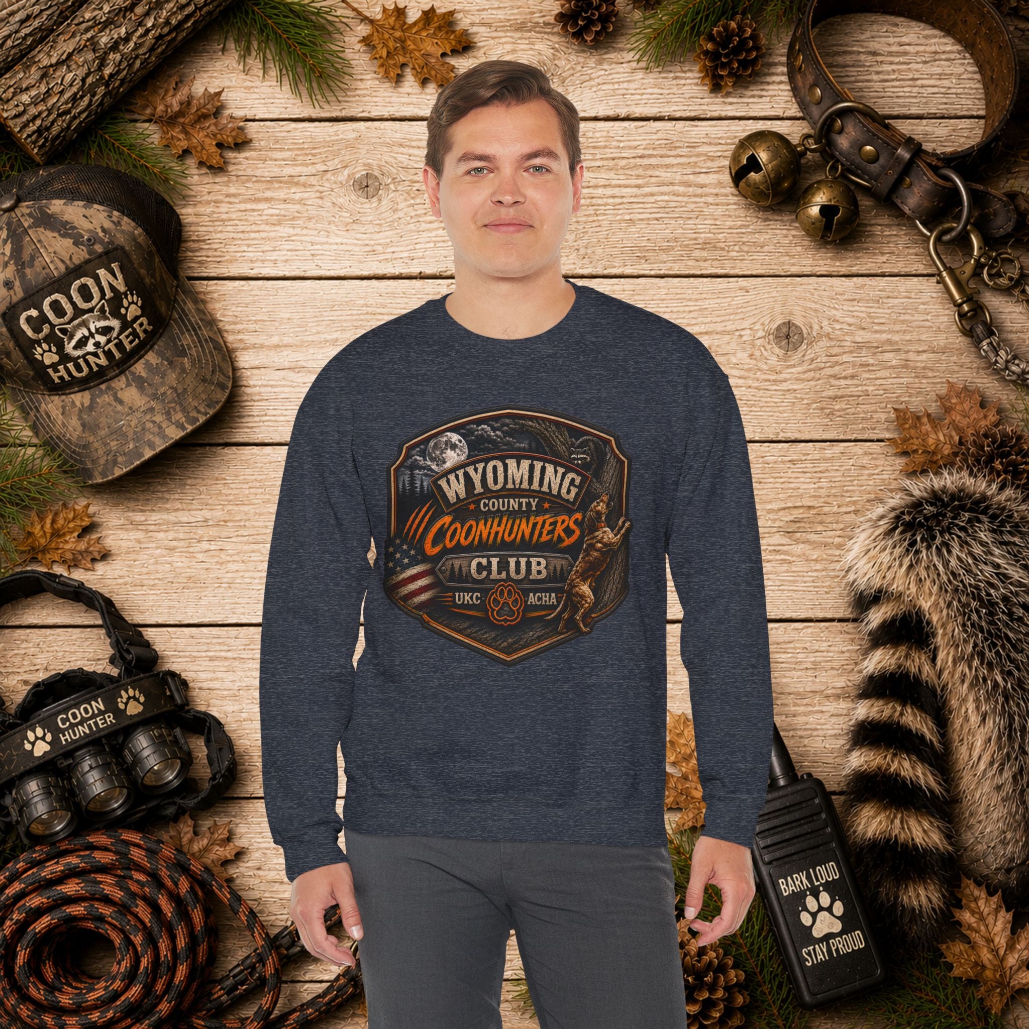Wyoming Coonhunters Club Crewneck Sweatshirt Dual Print Badge front/Banner back