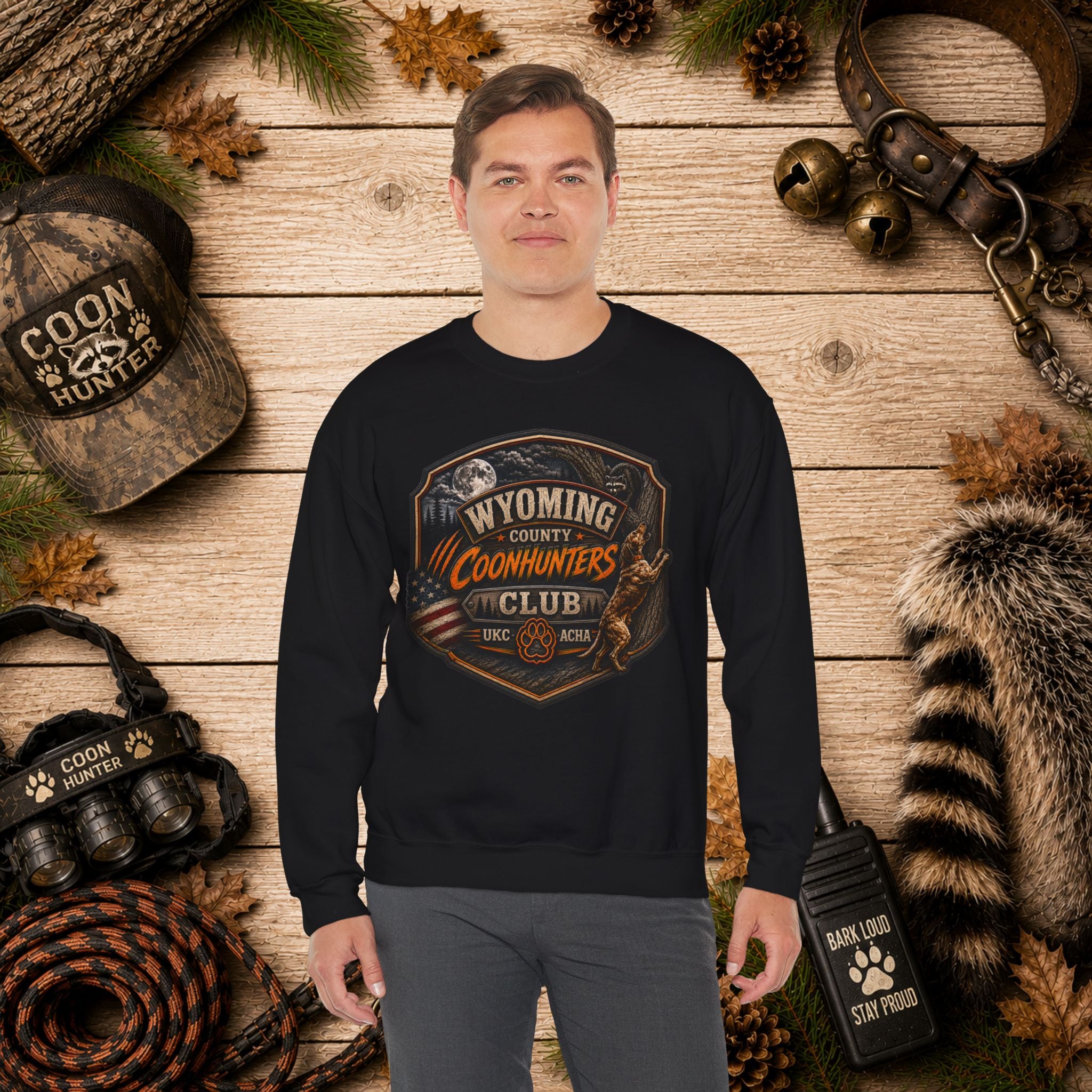 Wyoming Coonhunters Club Crewneck Sweatshirt Dual Print Badge front/Banner back