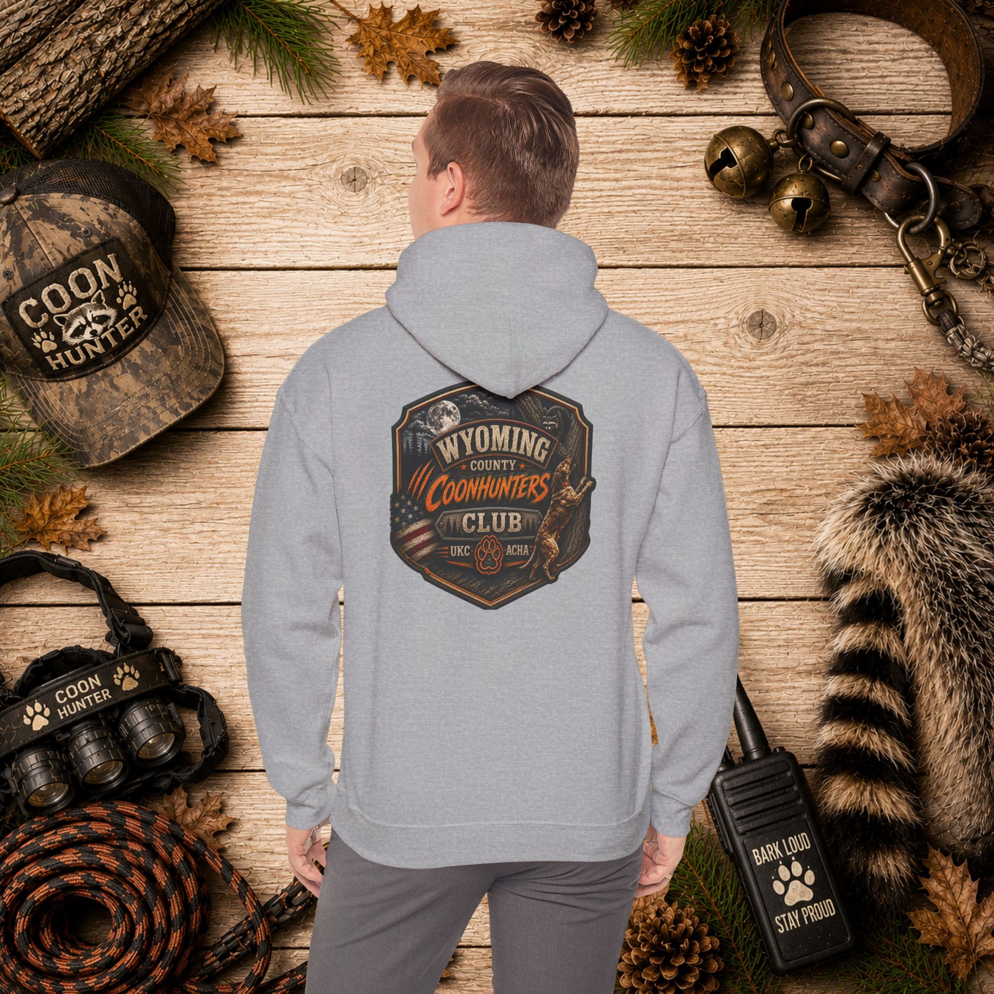 Wyoming County Coonhunters Club Hoodie – Rustic Hunting Badge Sweatshirt