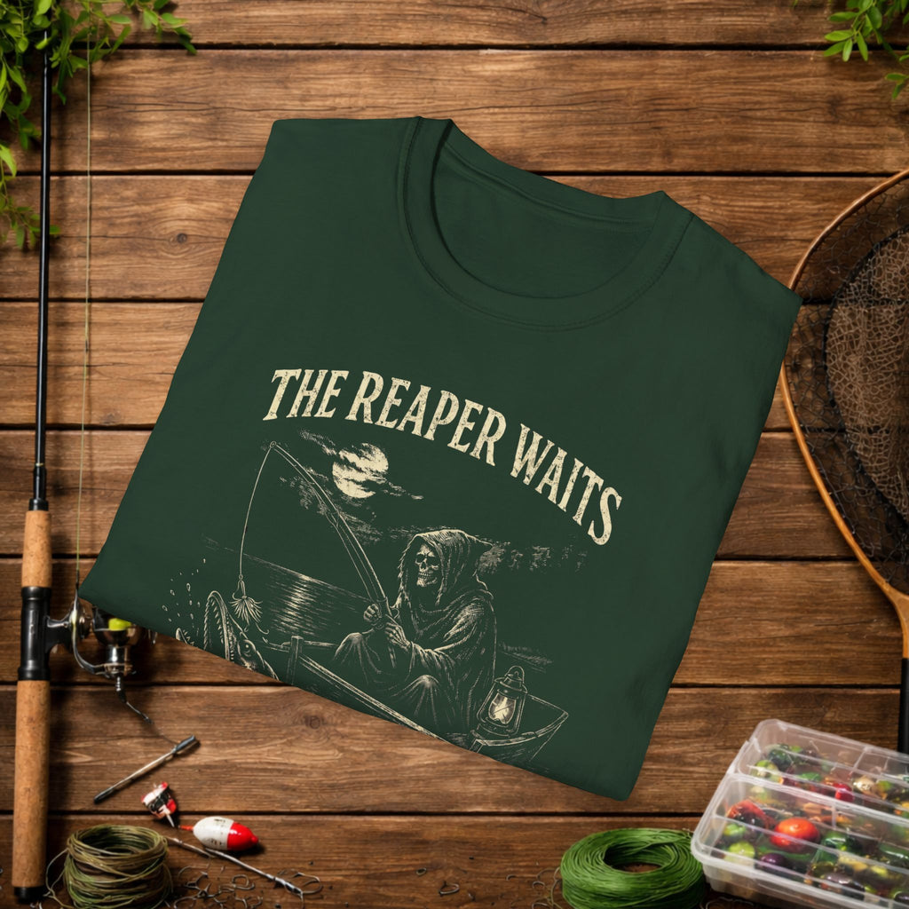 Musky Fishing Shirt – The Reaper Waits – Grim Reaper Fishing Tee – Muskie Angler Gift – Dark Fishing T-Shirt