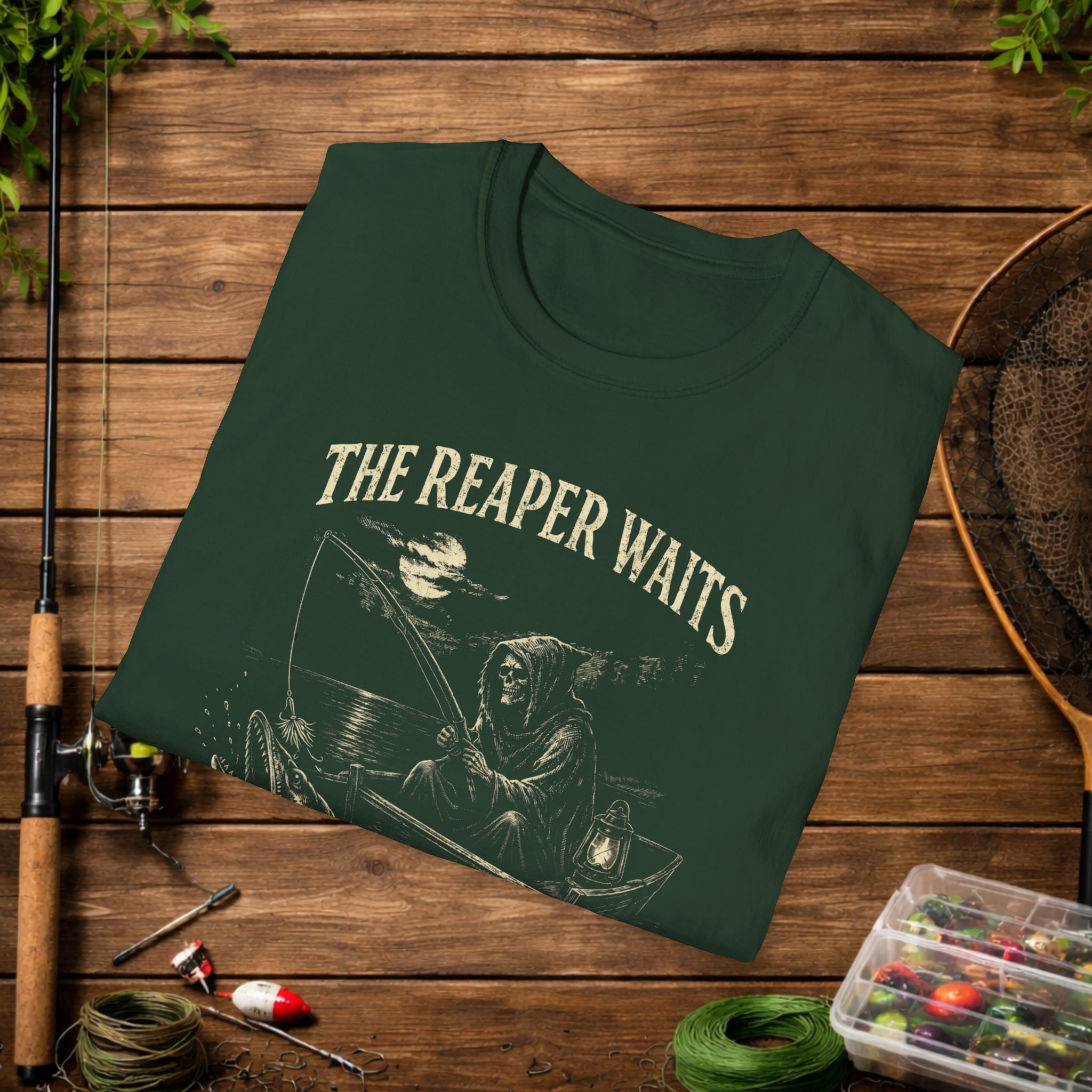 Musky Fishing Shirt – The Reaper Waits – Grim Reaper Fishing Tee – Muskie Angler Gift – Dark Fishing T-Shirt