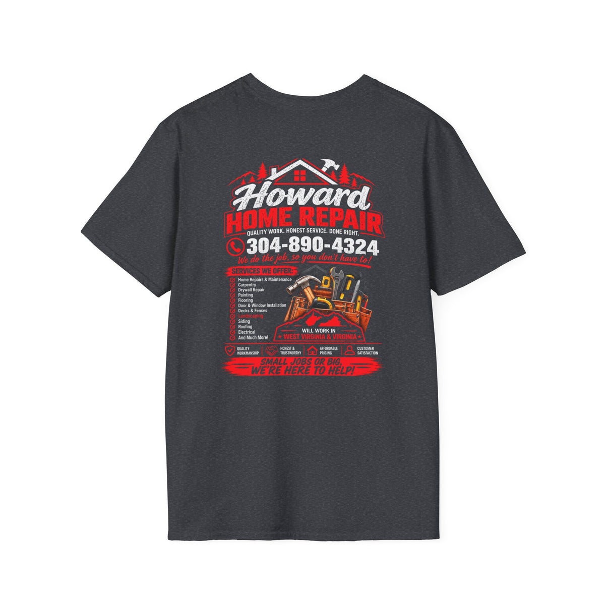 Home Repair T-Shirt — Howard Home Repair Crew Tee with Phone Number