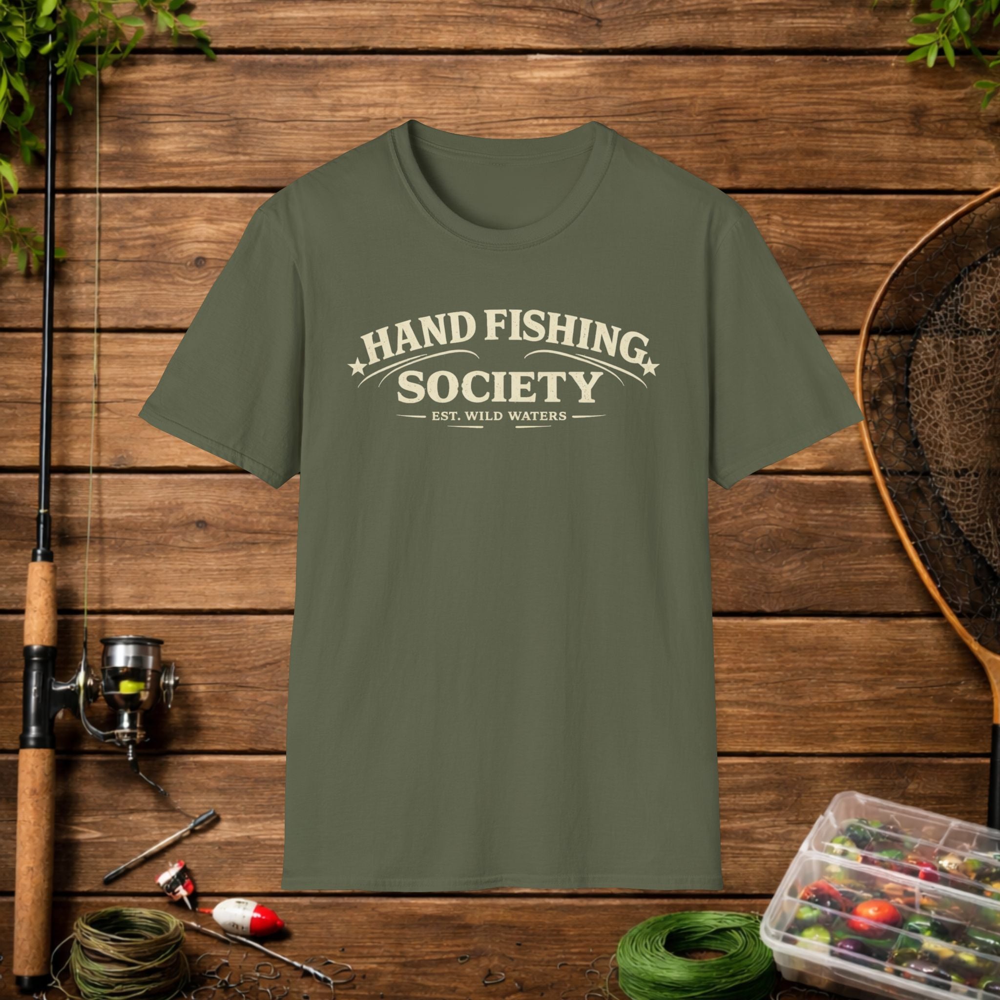 Hand Fishing Society Shirt – Catfish Noodling Tee – Wild Waters Fishing Shirt – River Life Outdoor Apparel