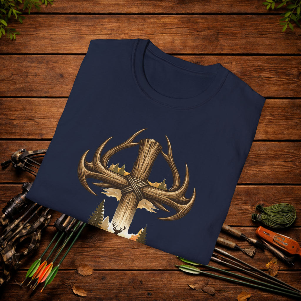 Christian Deer Hunting Shirt – Cross with Antlers Whitetail Tee – Faith Hunting Apparel – Rustic Outdoor Shirt