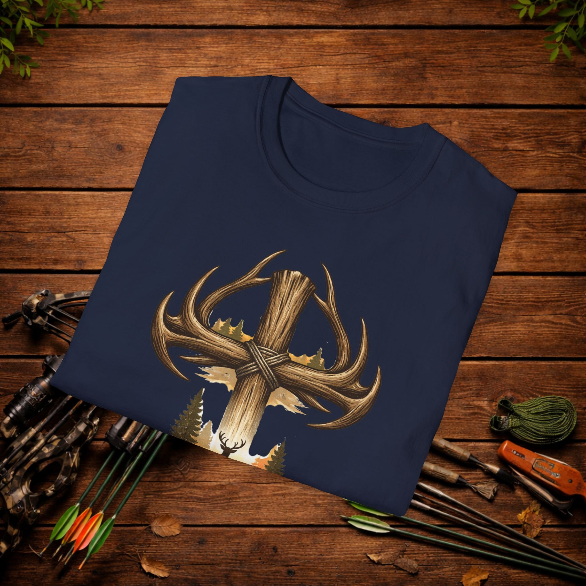 Christian Deer Hunting Shirt – Cross with Antlers Whitetail Tee – Faith Hunting Apparel – Rustic Outdoor Shirt