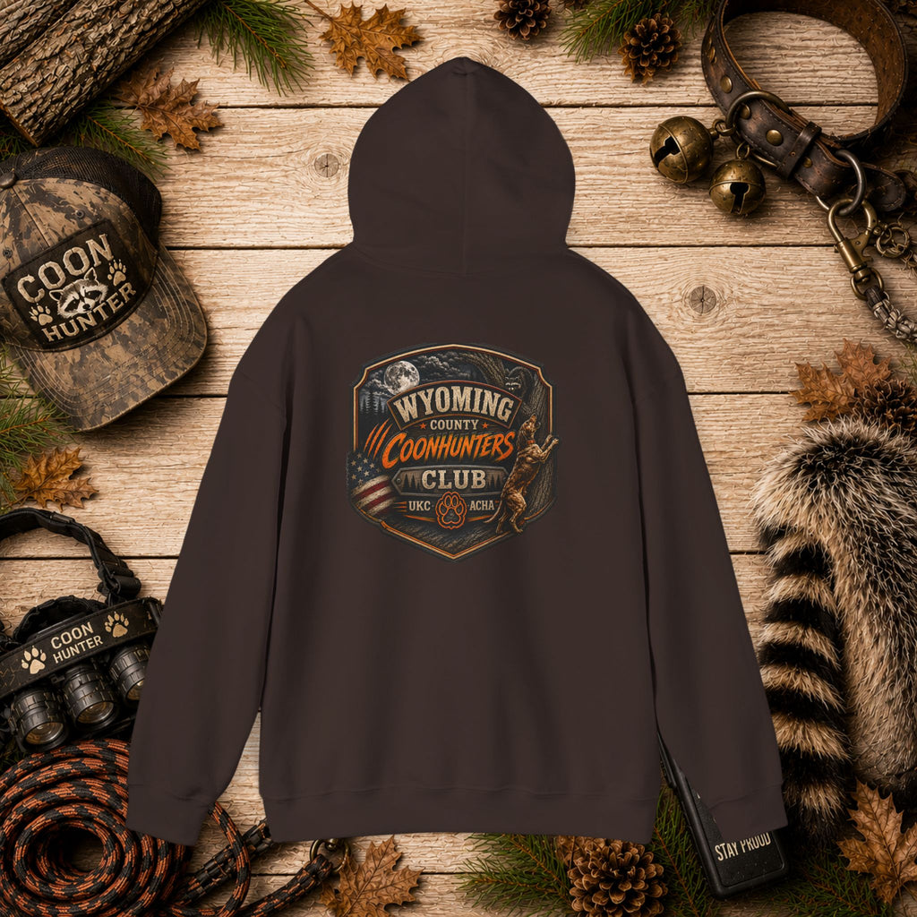 Wyoming County Coonhunters Club Hoodie – Rustic Hunting Badge Sweatshirt