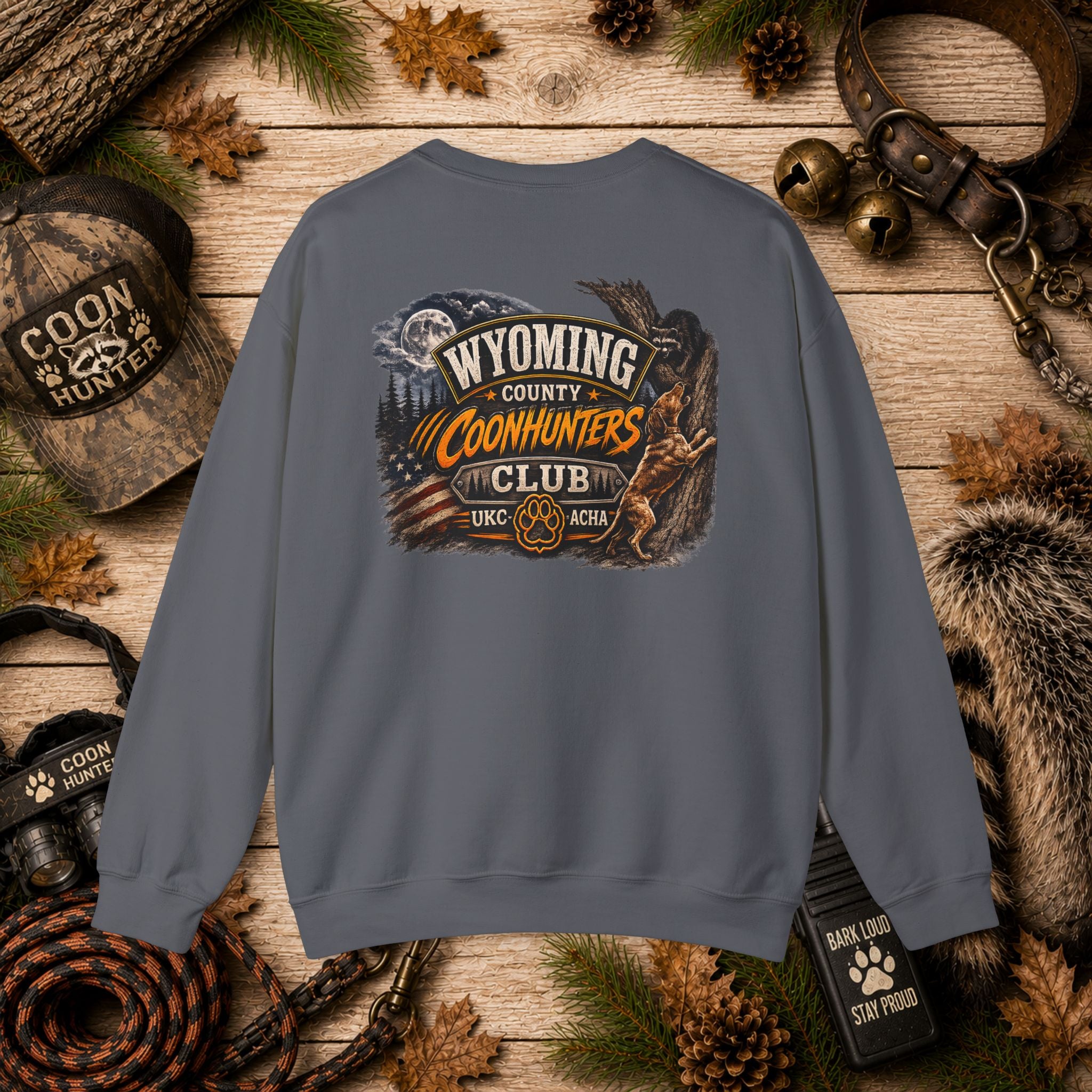 Wyoming Coonhunters Club Crewneck Sweatshirt Dual Print Badge front/Banner back
