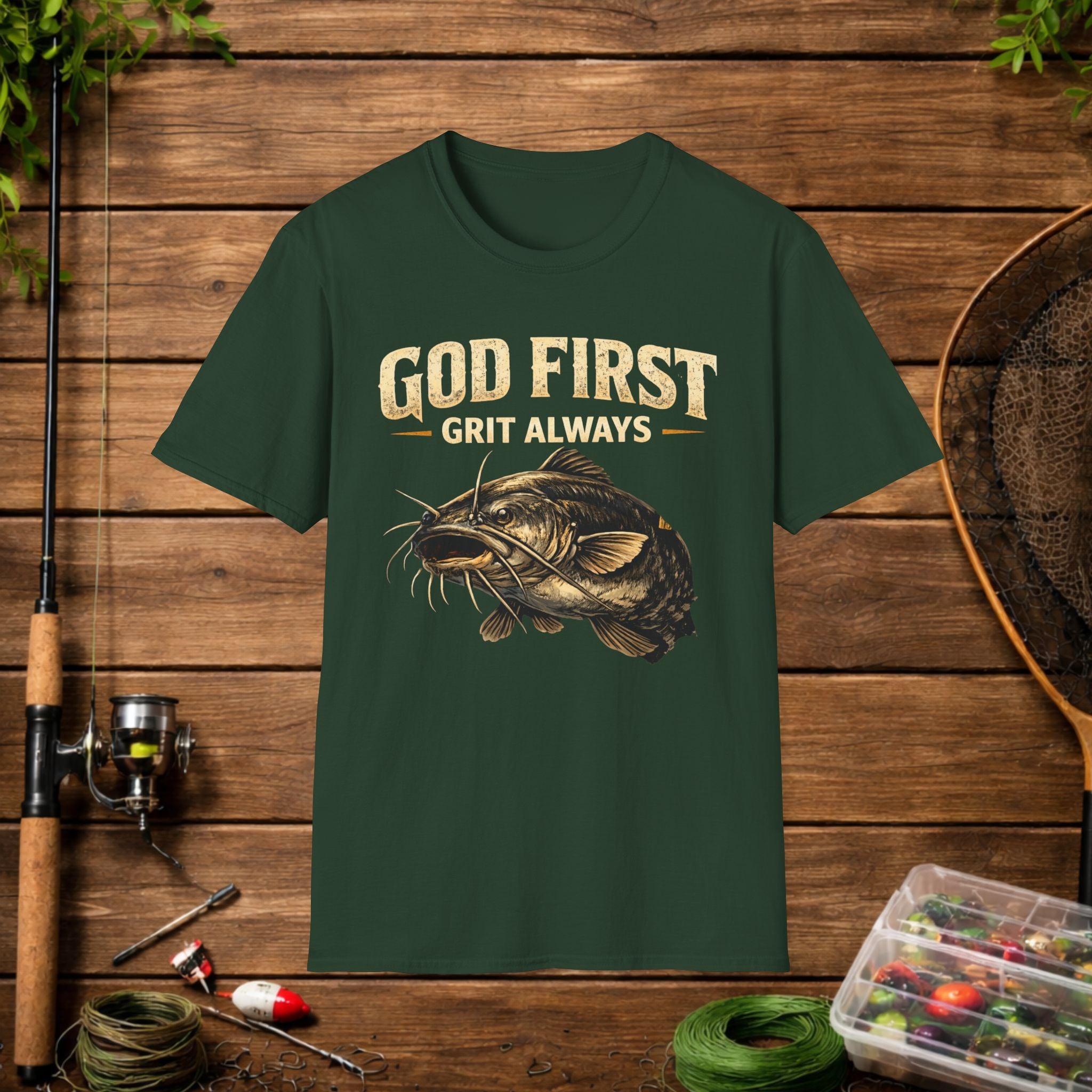 God First Grit Always Shirt – Catfish Fishing Tee – Faith Based Outdoor Shirt – Christian River Life Apparel