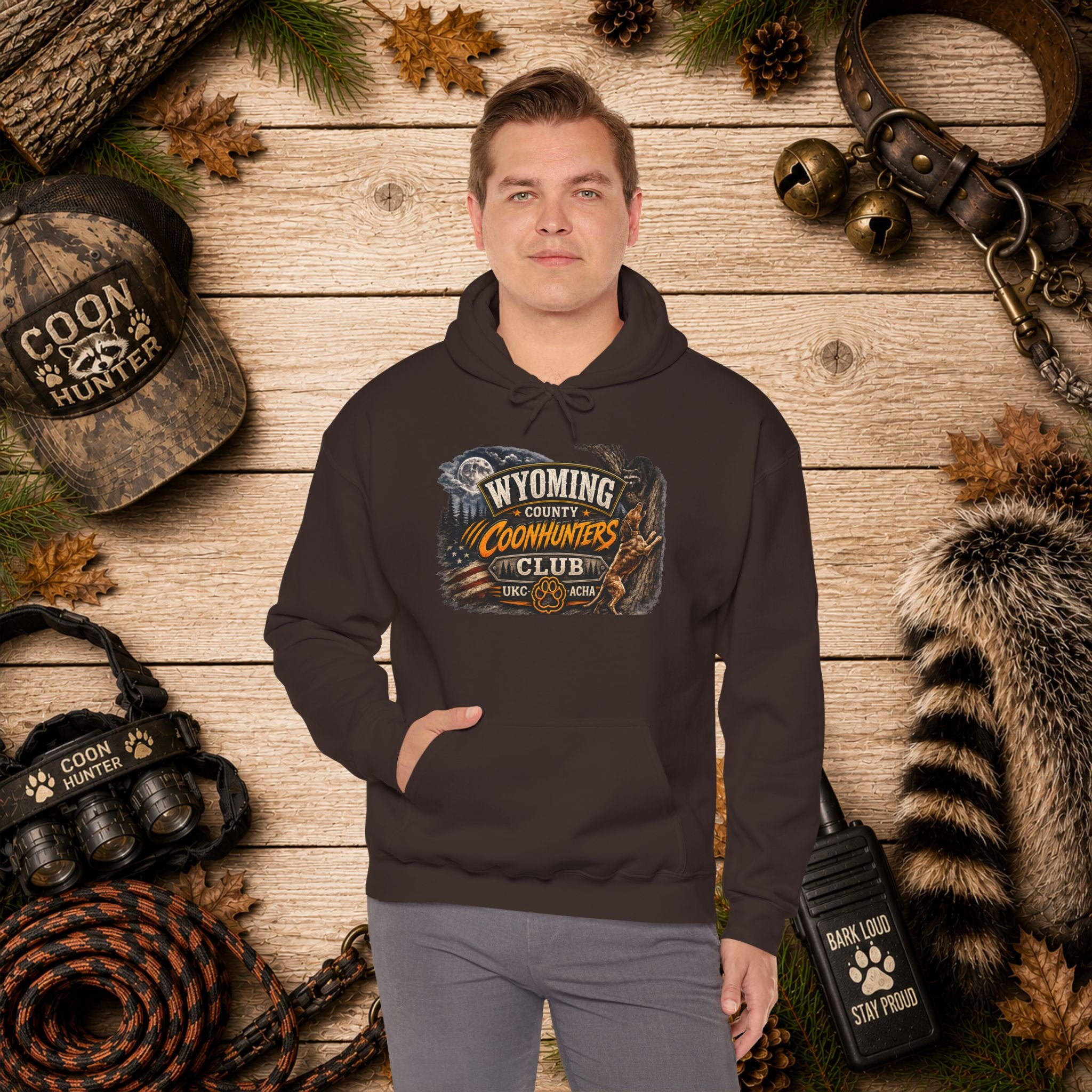 Wyoming Coonhunters Club Hoodie – Vintage Coon Hunting Graphic Dual print Banner front/Badge Back