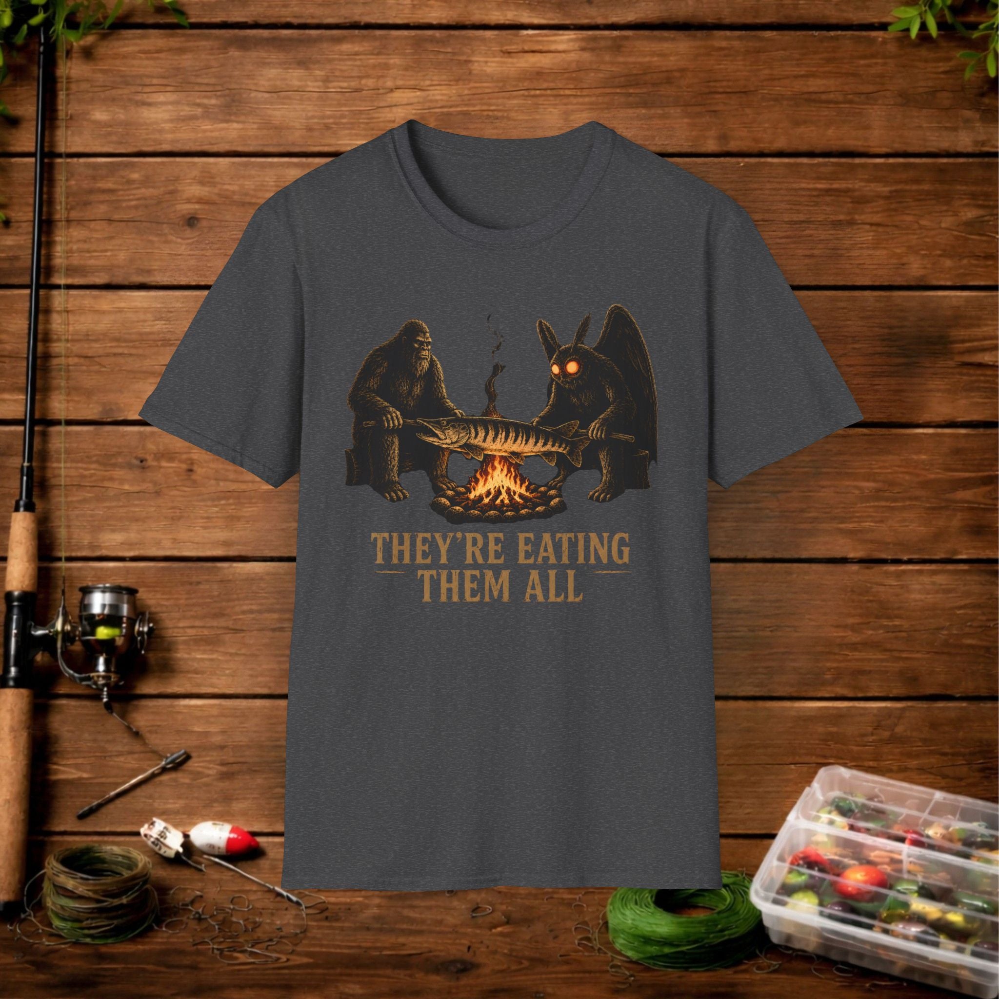 They're Eating Them All Fishing T-Shirt — Funny Campfire Monster Tee