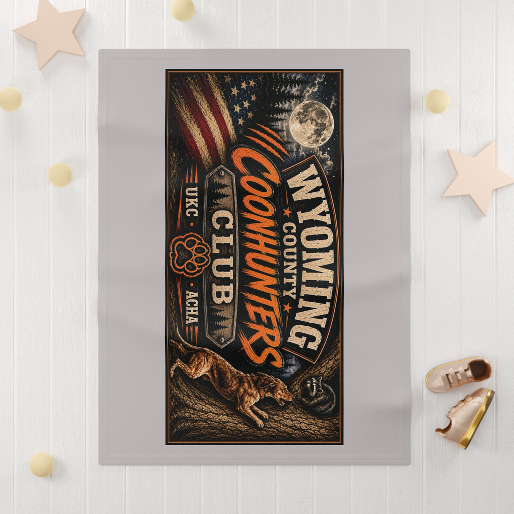 Wyoming Coonhunters Club Soft Fleece Baby Blanket — Vintage Moonlight Hunting Design
