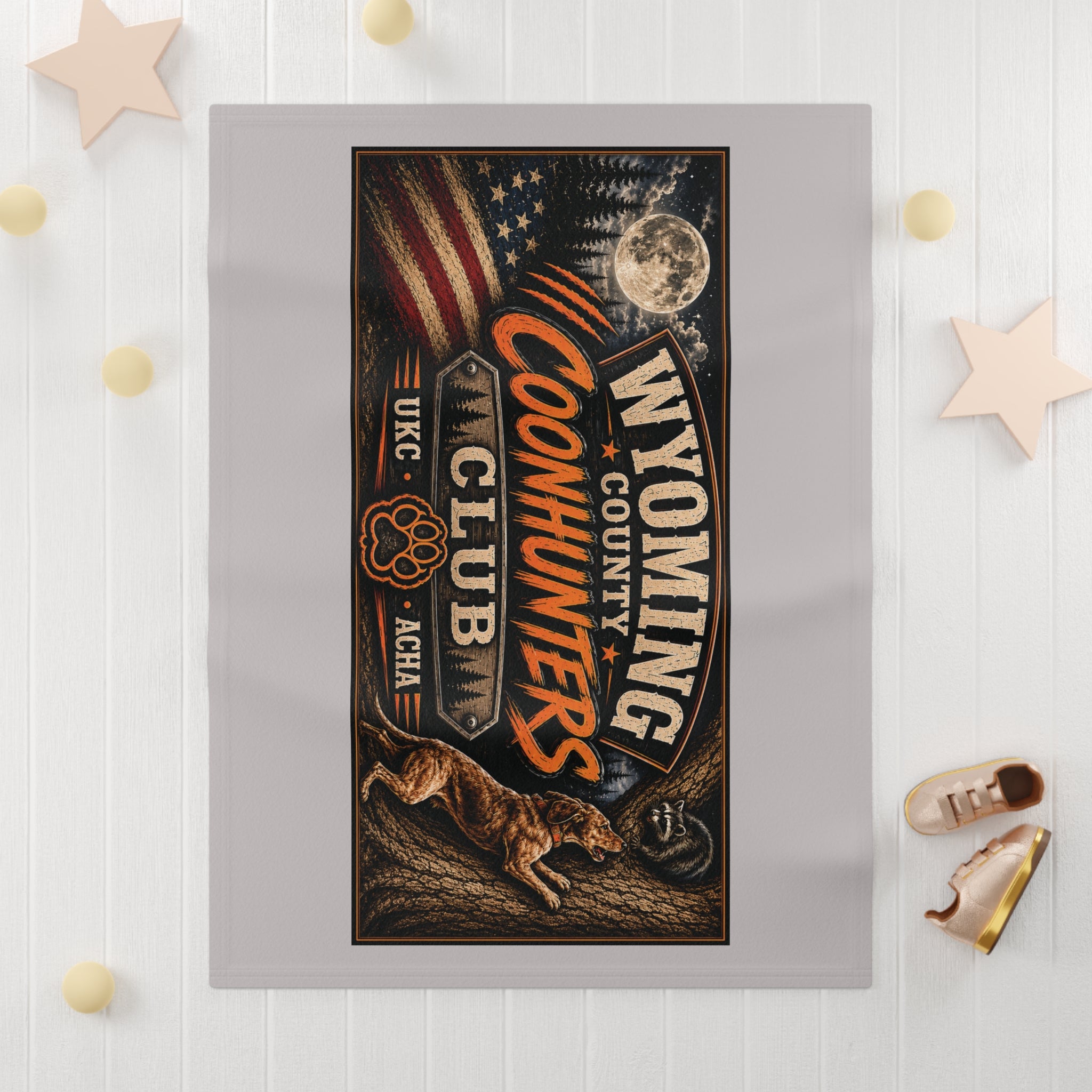 Wyoming Coonhunters Club Soft Fleece Baby Blanket — Vintage Moonlight Hunting Design