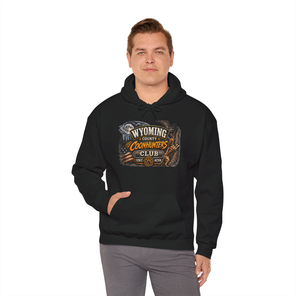 Wyoming Coonhunters Club Hoodie – Vintage Coon Hunting Graphic Dual print Banner front/Badge Back