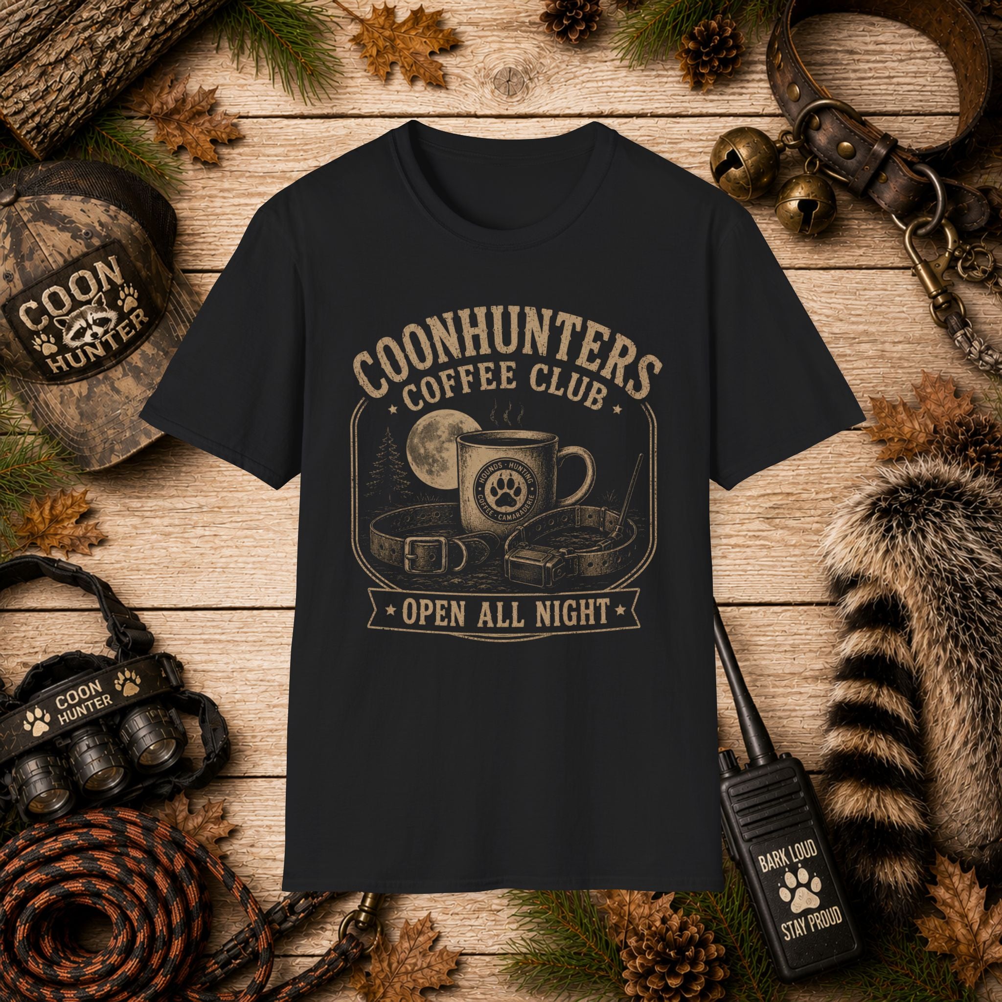 Coonhunters Coffee Club T-Shirt — Vintage Moon & Mug Graphic