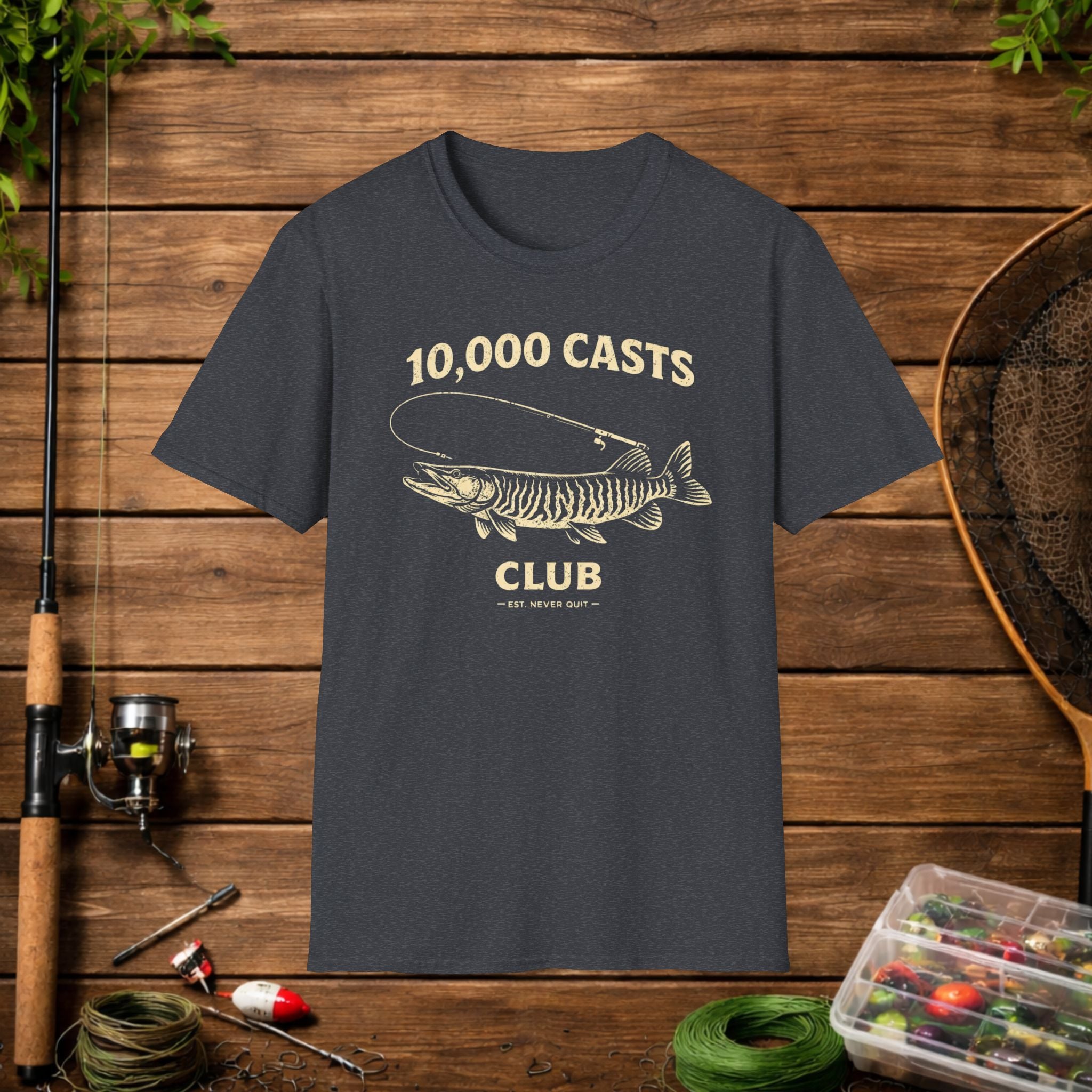 Musky Fishing Shirt – 10,000 Casts Club – Muskellunge Angler Tee – Vintage Musky Design – Hardcore Fishing Apparel