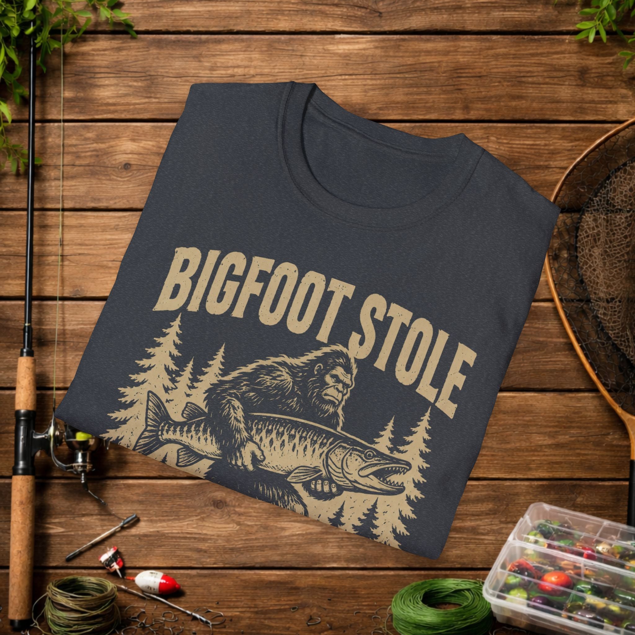 Bigfoot Stole My Musky T-Shirt — Funny Fishing Muskie Tee for Anglers