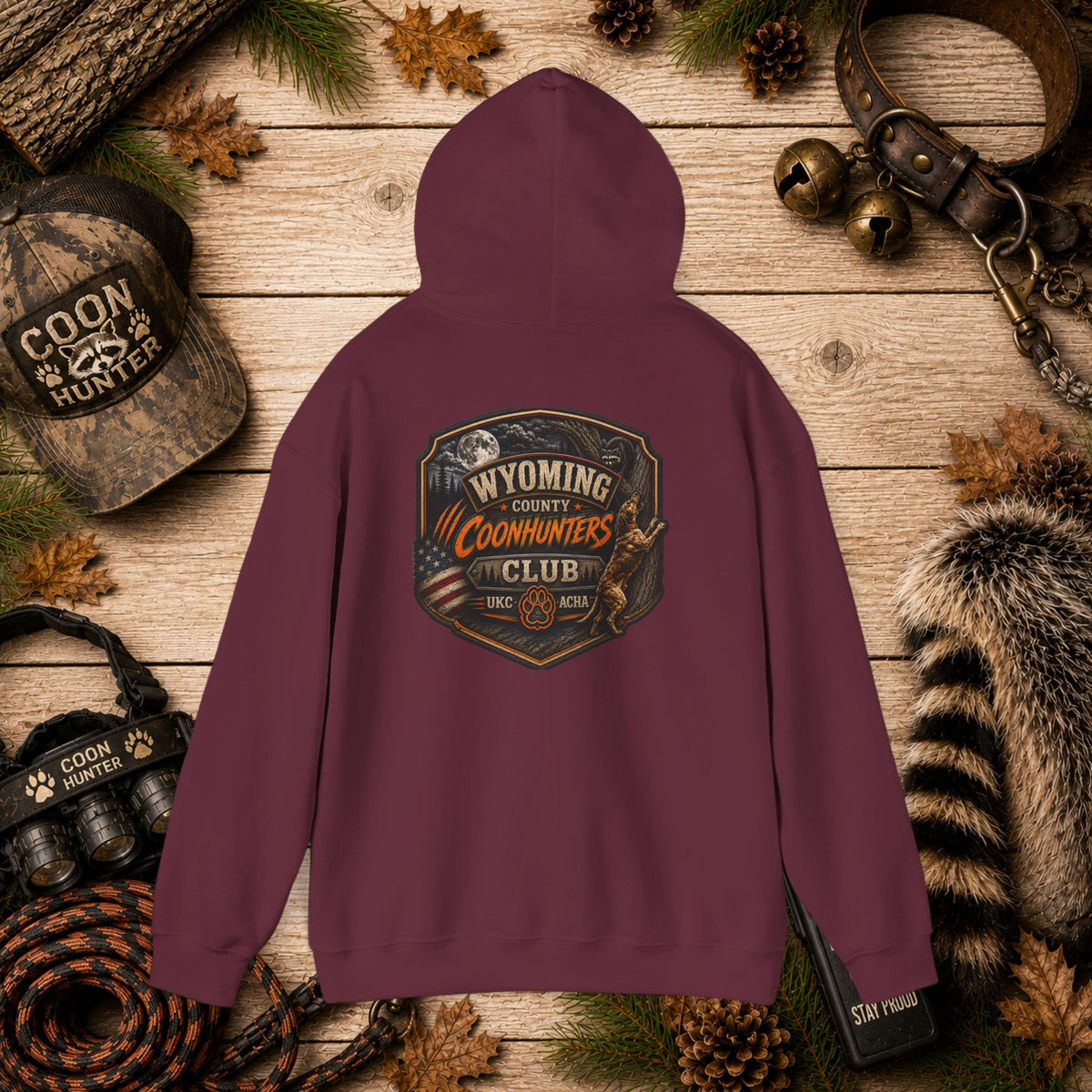 Wyoming County Coonhunters Club Hoodie – Rustic Hunting Badge Sweatshirt