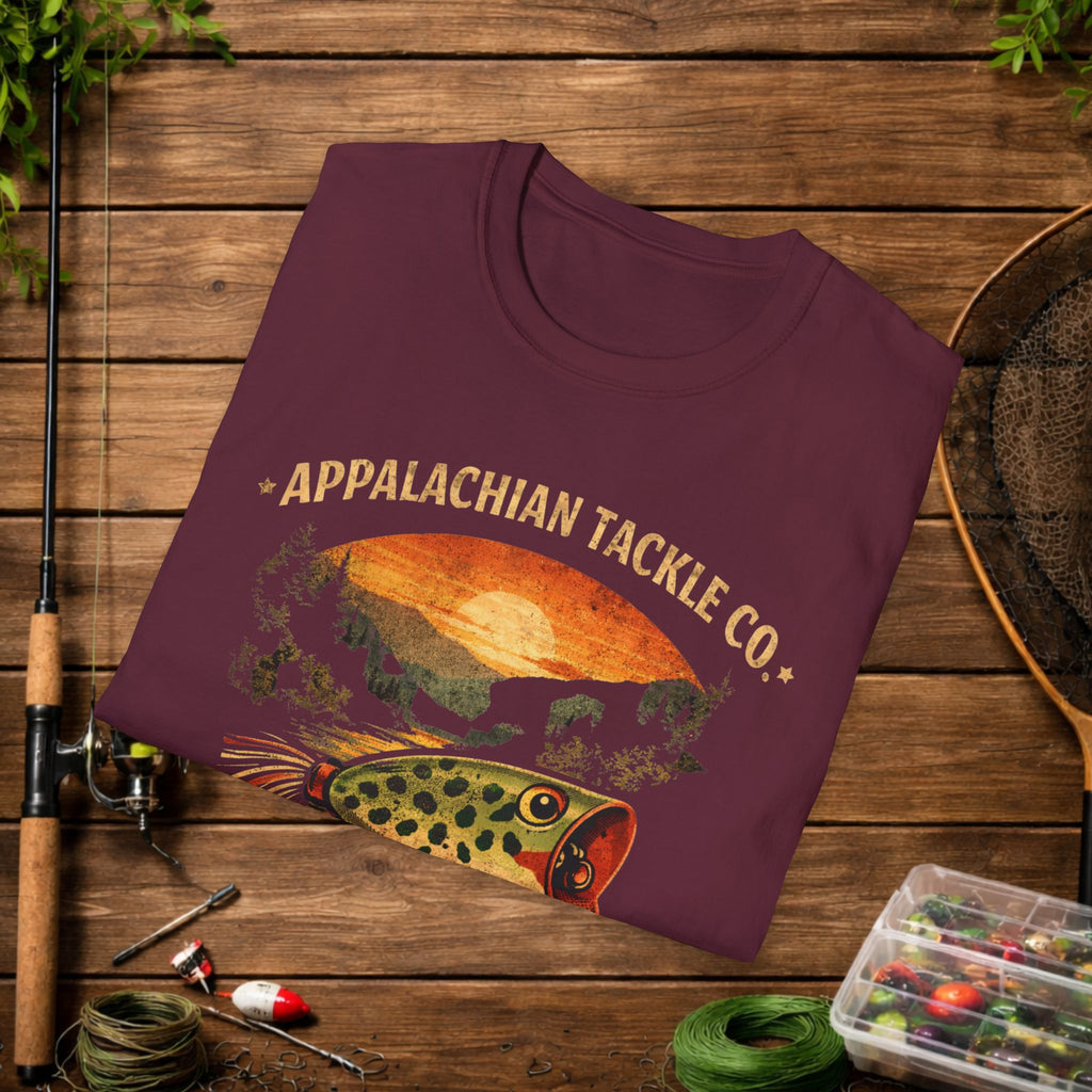 Appalachian Tackle Co Hula Popper Shirt – Vintage Fishing Lure Tee – Topwater Bass Fishing Shirt – Mountain Stream Apparel