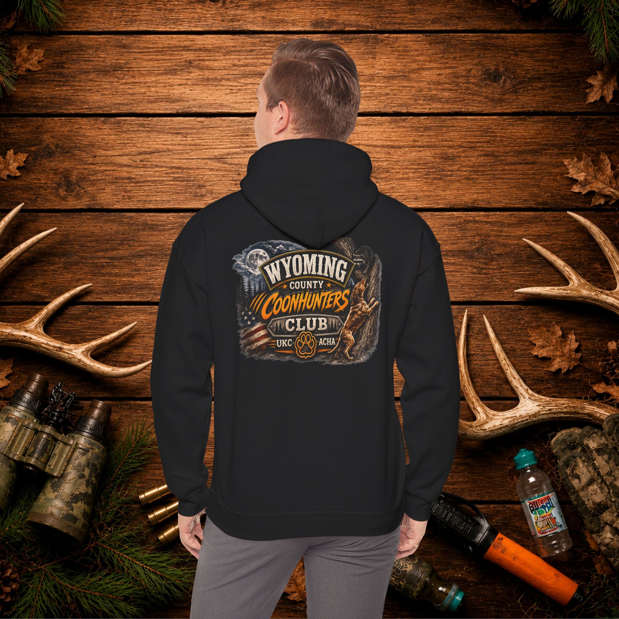 Coonhunters Club Hoodie — Wyoming County Retro Hunting Graphic