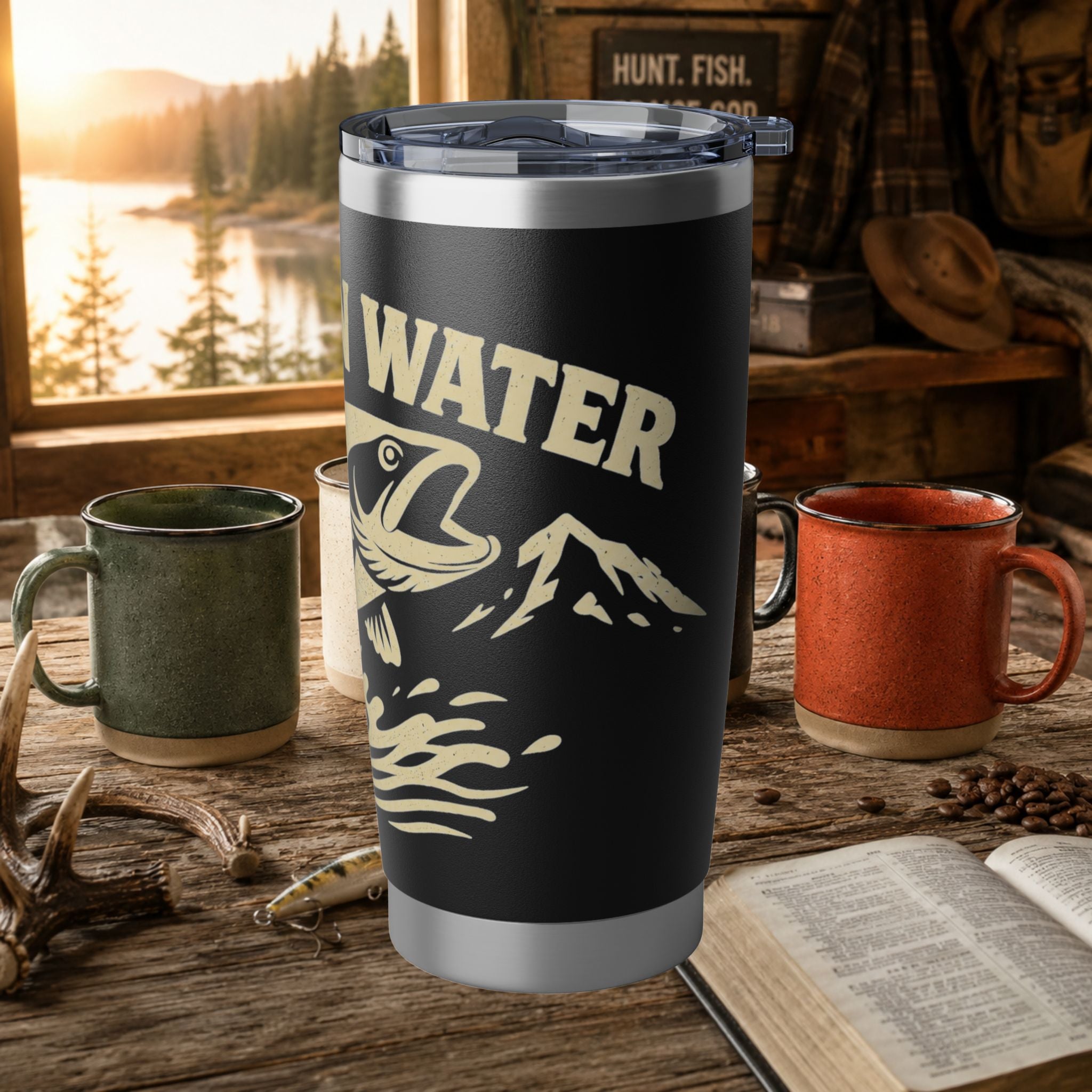 Mountain Water Fishing 20oz Insulated Tumbler – Vintage Angler Travel Mug | Gift for Fishermen