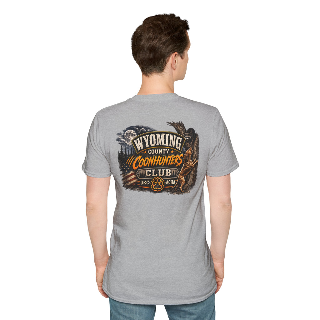 Wyoming Coonhunters Club T‑Shirt — front Badge with banner backTee