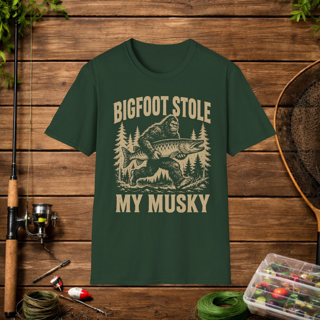 Bigfoot Stole My Musky T-Shirt — Funny Fishing Muskie Tee for Anglers