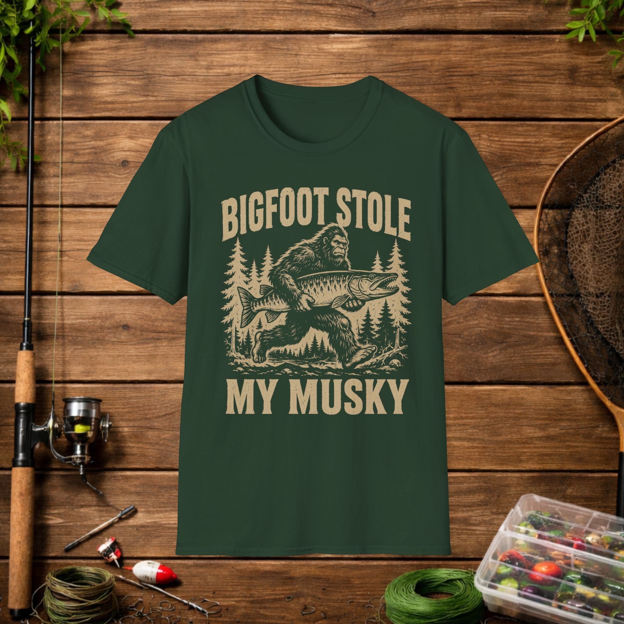 Bigfoot Stole My Musky T-Shirt — Funny Fishing Muskie Tee for Anglers
