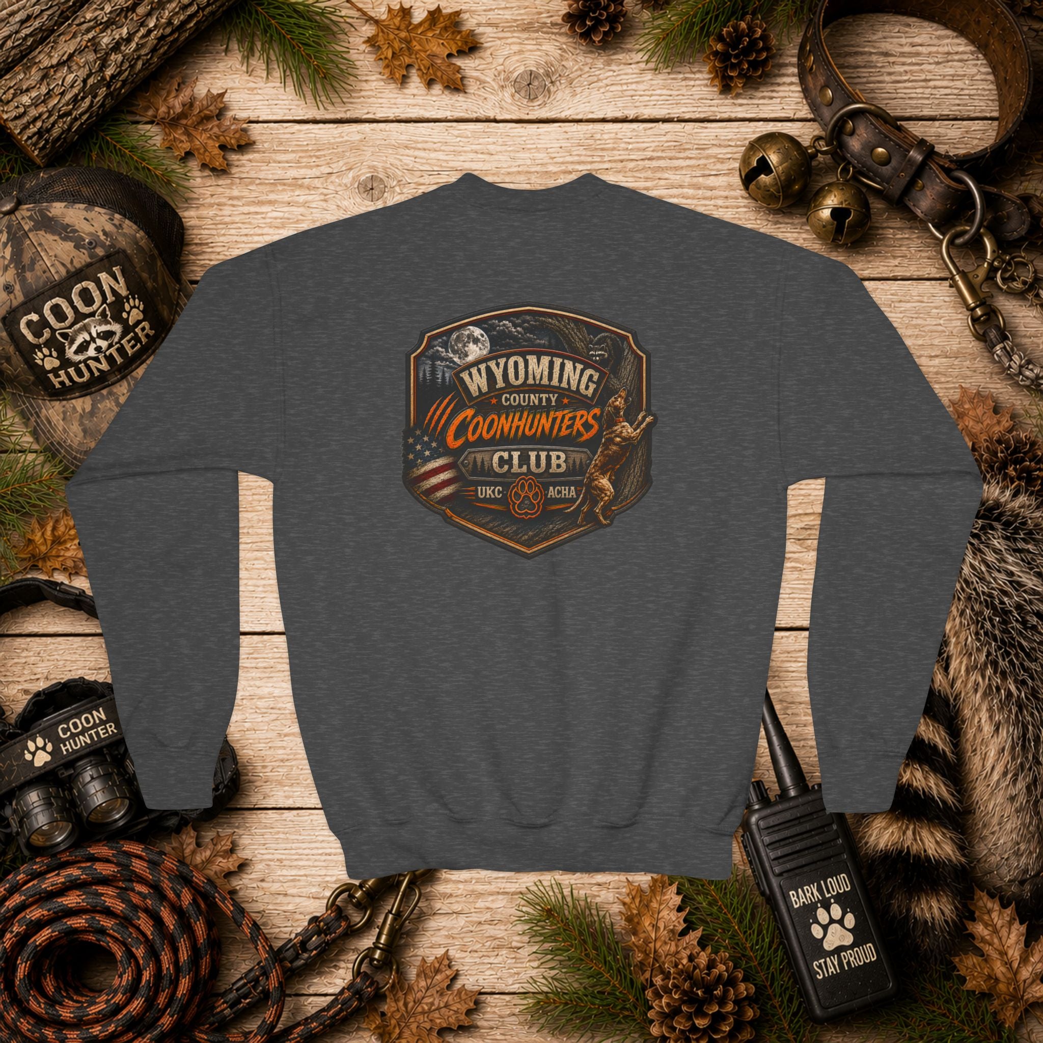 Wyoming Coonhunters Club Youth Crewneck Sweatshirt — Dual Print Banner front/Badge back